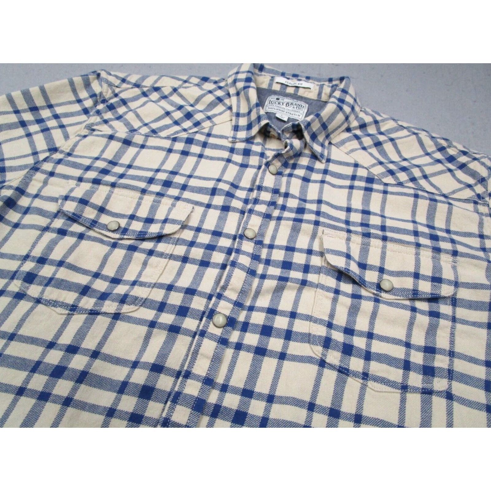 Lucky Brand Lucky Brand Shirt Adult Large Blue Check Satuday Stretch Button-Up Pearl Snaps Pockets Cotton Blend Classic Fit Mens Size US L / EU 52-54 / 3 - 2 Thumbnail