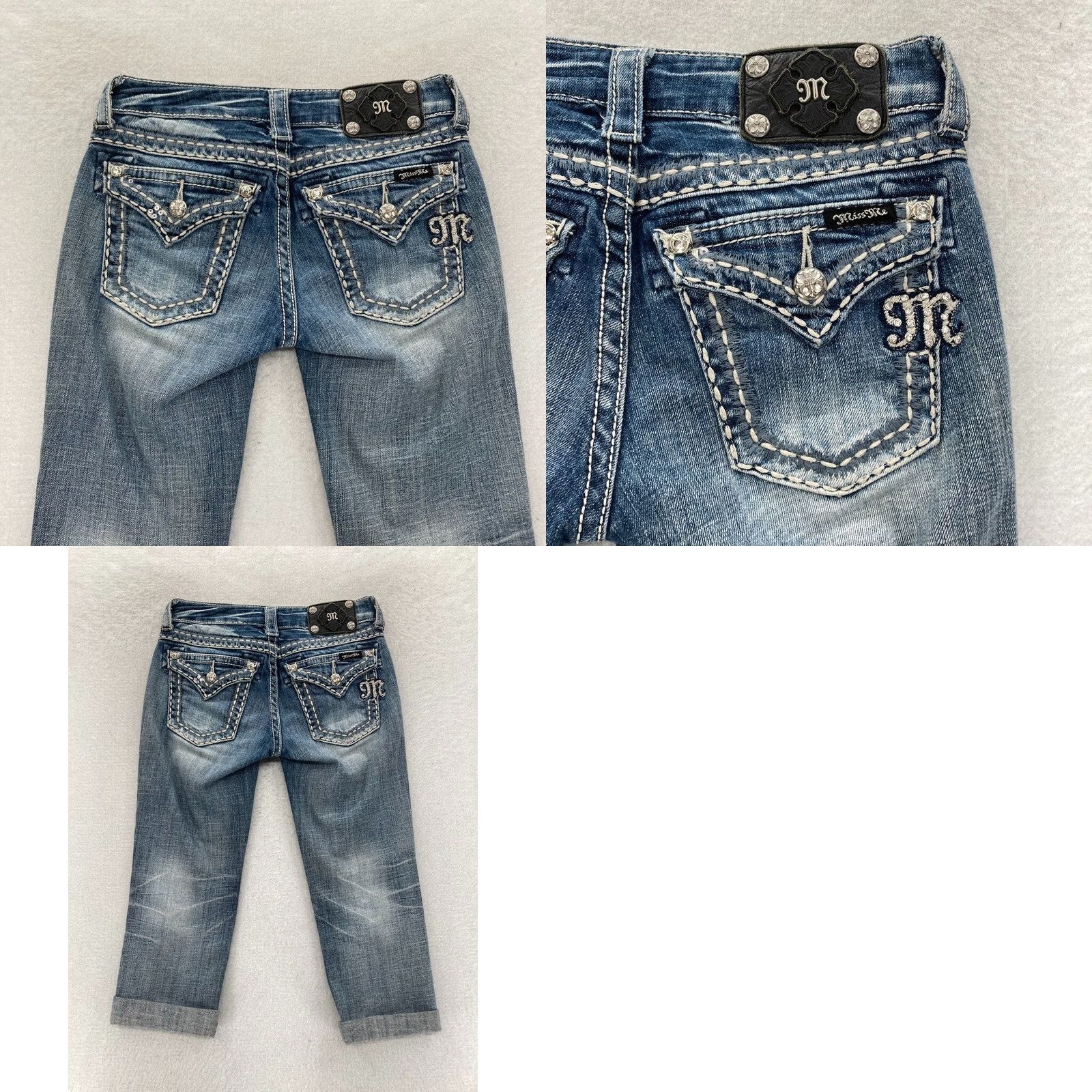 Miss Me Miss Me Jeans Women's 25 Cuff Capri Medium Blue Distressed Denim Thick Stitch Capri Jeans Women Size 42" / US 20 - 9 Thumbnail