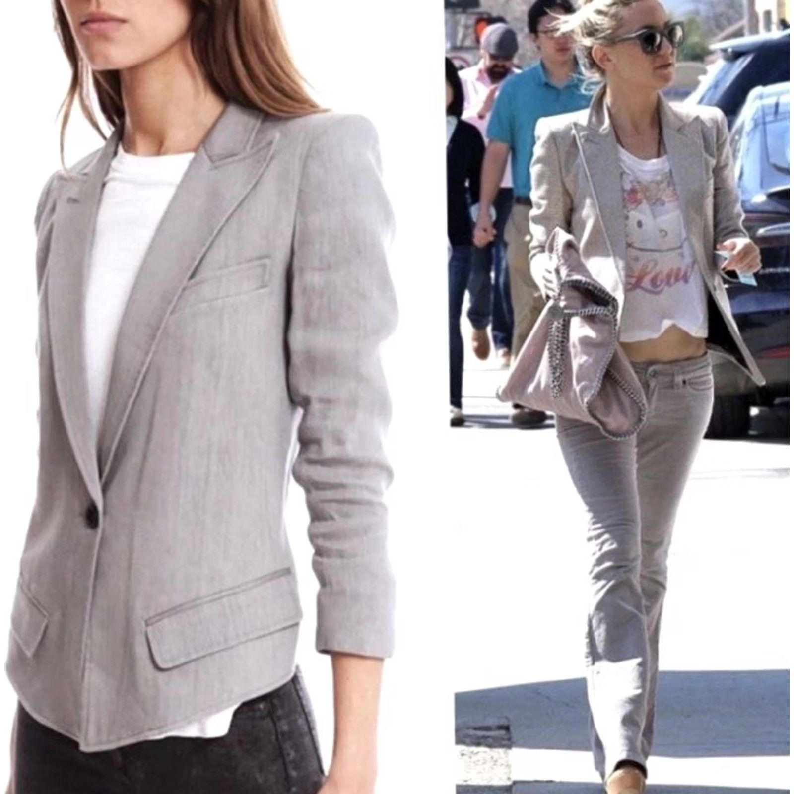 SMYTHE Smythe Blazer Jacket Womens Size 4 Gray Linen Blend Sharp Shoulder One Button Surgeon Cuffs Size S / US 4 / IT 40 - 2 Thumbnail