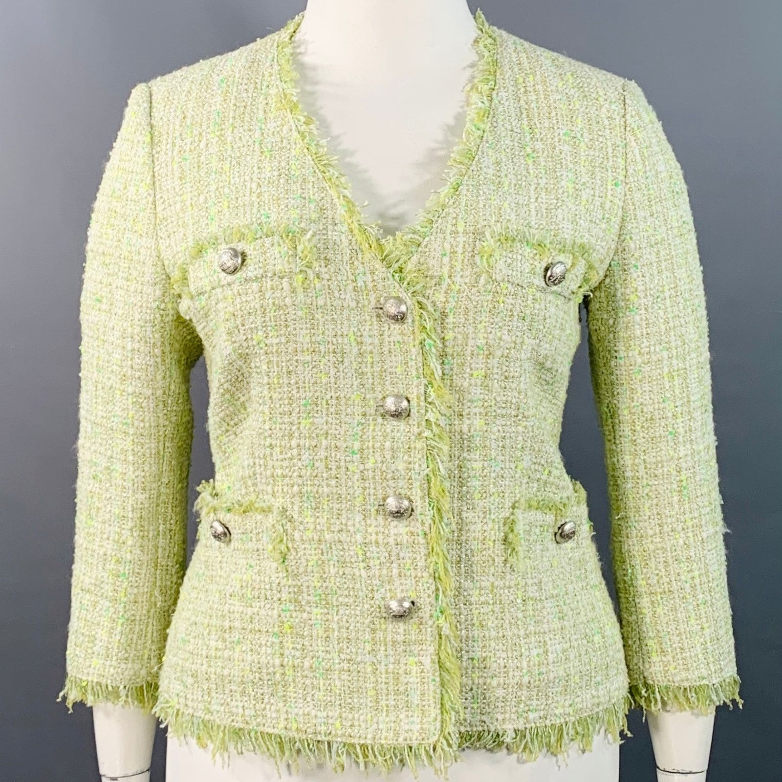 Size L Green White Cotton Blend Tweed Jacket Blazer