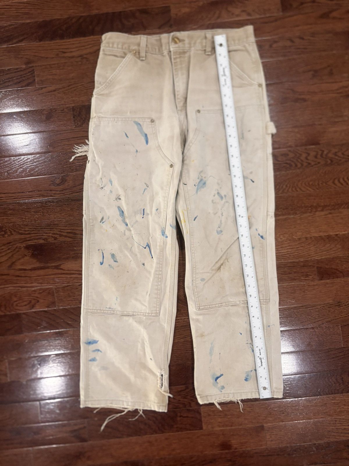 Carhartt Distressed Double Knee Carhartt 62W Men's Beige Cotton Pants Size US 31 - 1 Thumbnail