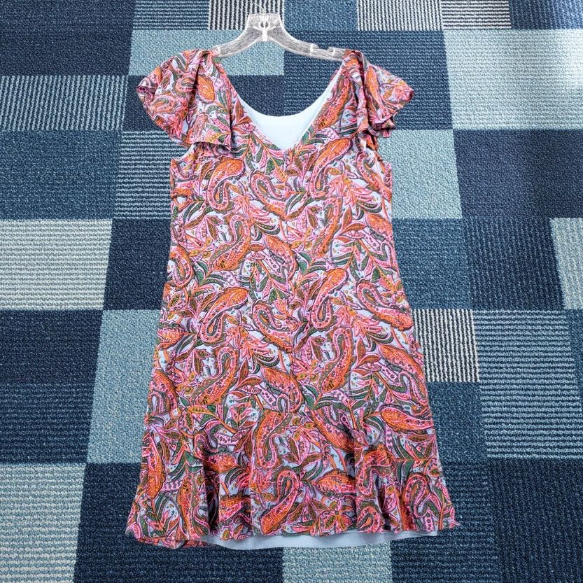 J.Crew J.CREW Dress Womens 2 Pink Orange Paisley Silk Mini Shift Flutter Sleeve Lined Size XS / US 0-2 / IT 36-38 - 1 Thumbnail