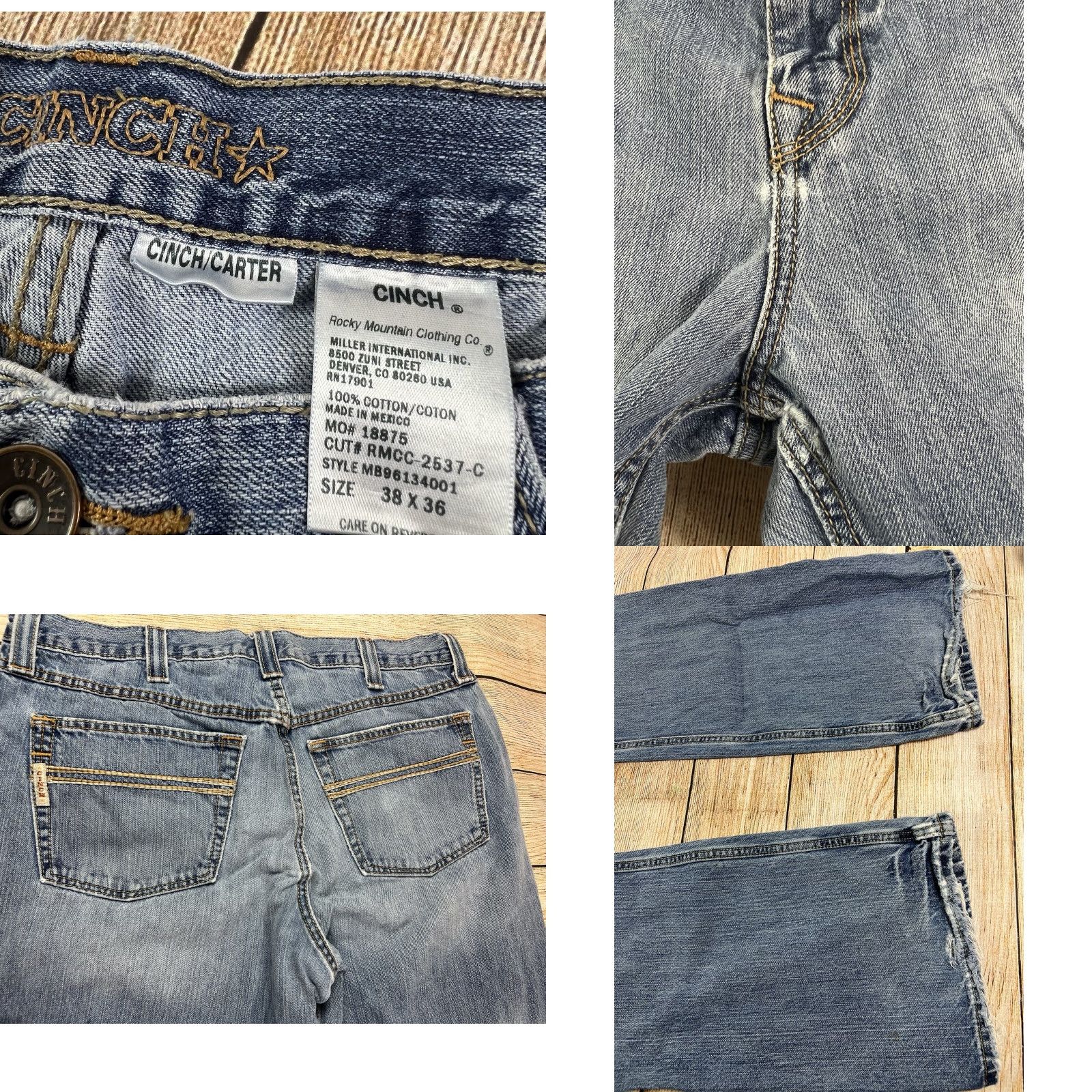 Denime Cinch Jeans Men Distress Bootcut Denim Blue 38x36 Relaxed Regular Cowboy Western Distressed Hole Knee Pockets USA Logo USA Size US 38 / EU 54 - 8 Thumbnail