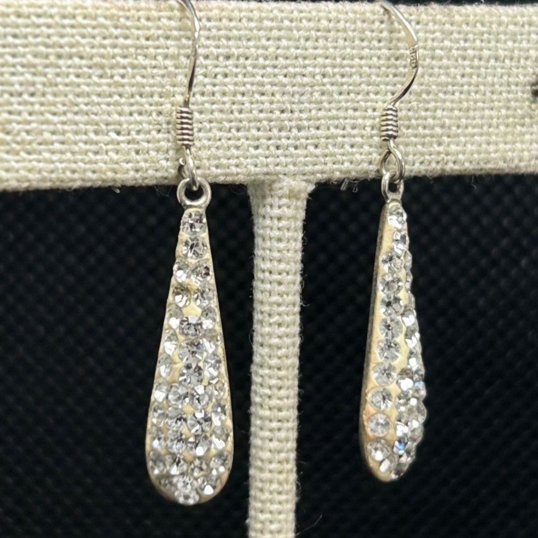 Vintage Sterling Silver 925 Crystal Inset White Dangle Drop Earrings Size ONE SIZE - 1 Thumbnail