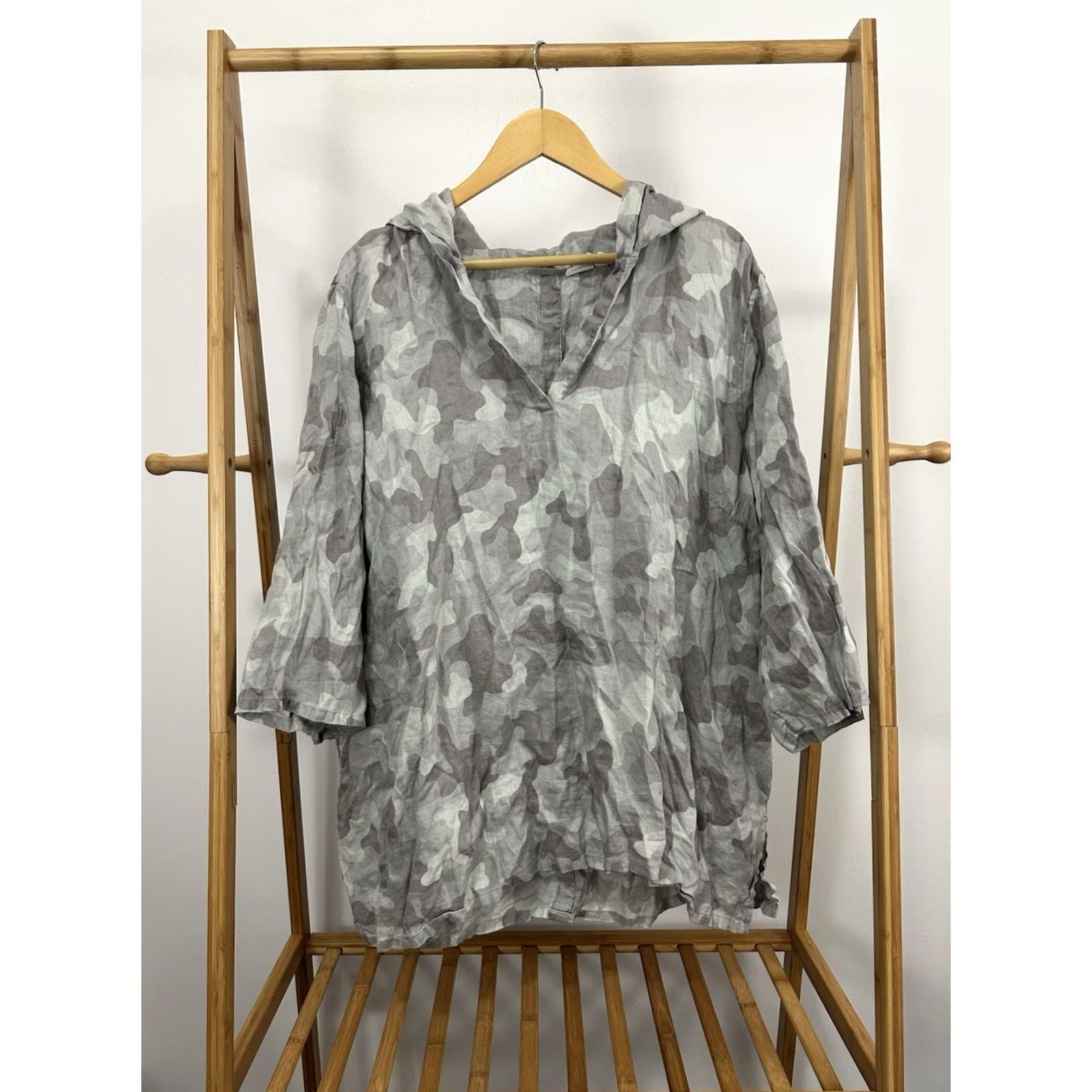 Vintage VINTAGE C&C California Tunic Top 3X Linen Gray Camouflage Hoodie Oversized Lagenlook Size XXL / US 16-18 / IT 52-54 - 2 Thumbnail