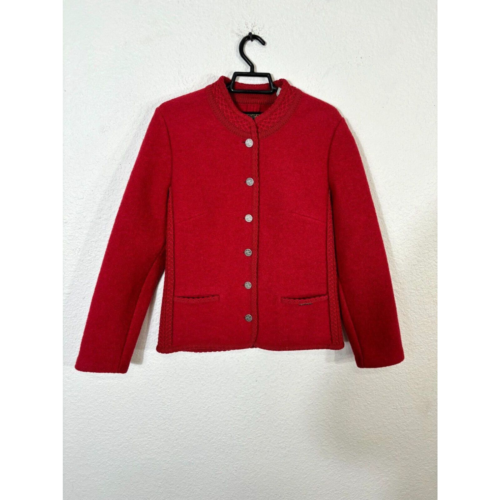 image of Vintage Geiger Sweater Cardigan Womens Small Red Wool Cowboy Buttons Wool Solid Austria in White