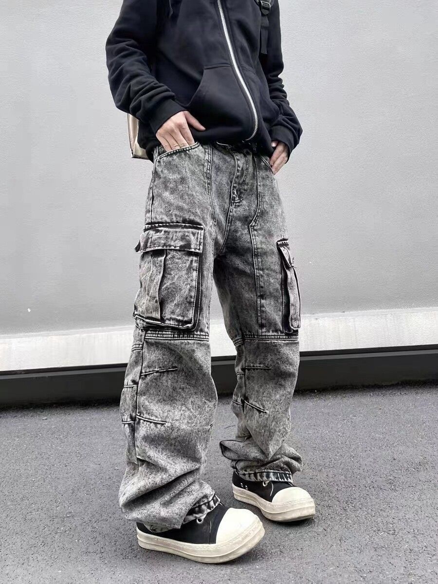 image of High Street Washed Heavy Duty Pocket Cargo Jeans in Washed Gray, Men's (Size 32)