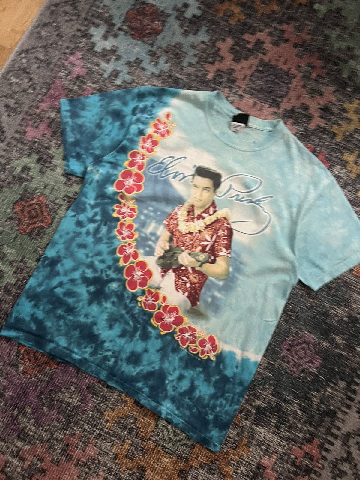 image of Hawaii Blues Vintage Blue Hawai Elvis Presley Big Logo Print Tiedie Tee, Men's (Size Large)