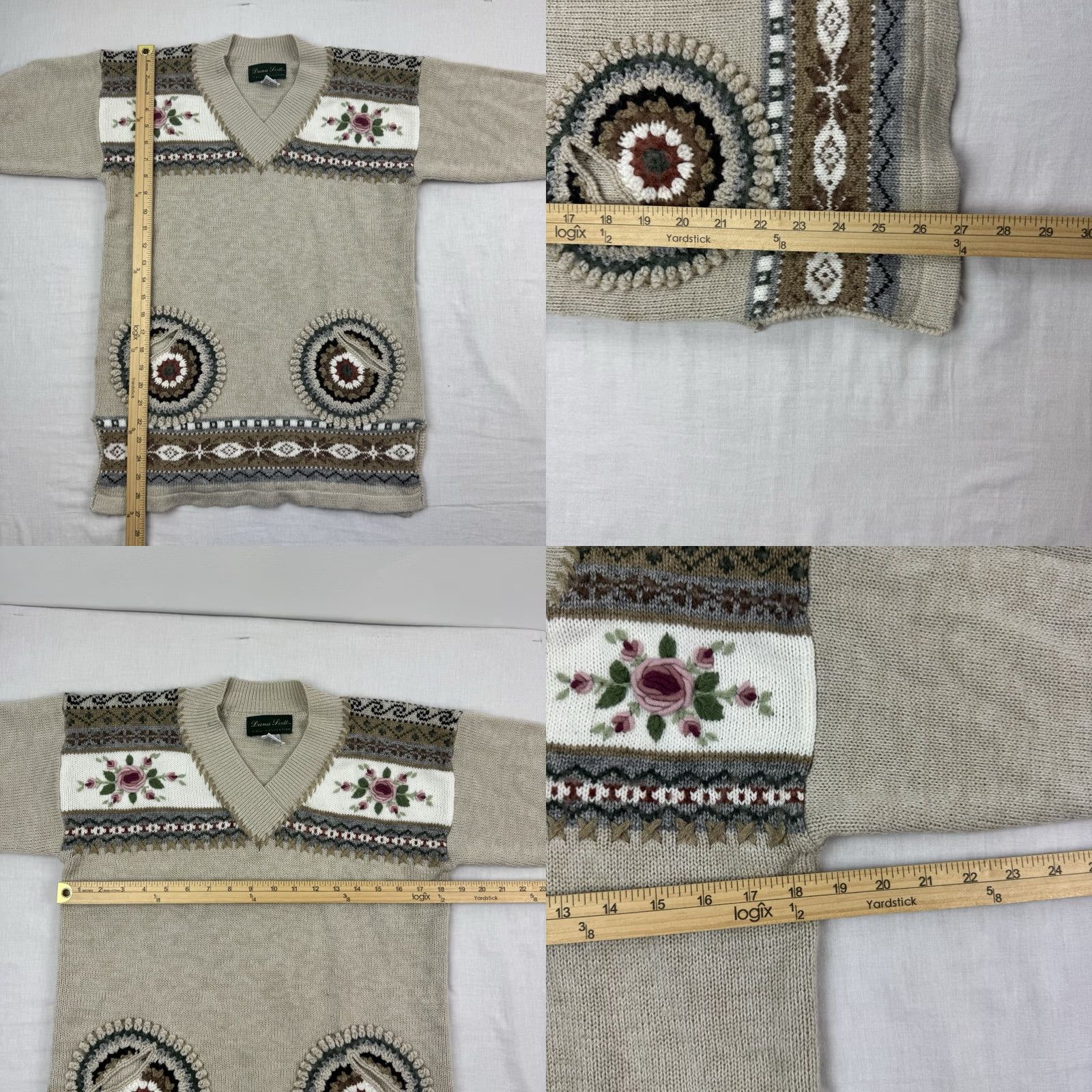 Vintage VINTAGE Dana Scott Sweater Womens Medium Fall Geometric Knit Pockets Flowers 90s Y2K Beige Pullover L/S V-Neck Size M / US 6-8 / IT 42-44 - 8 Thumbnail