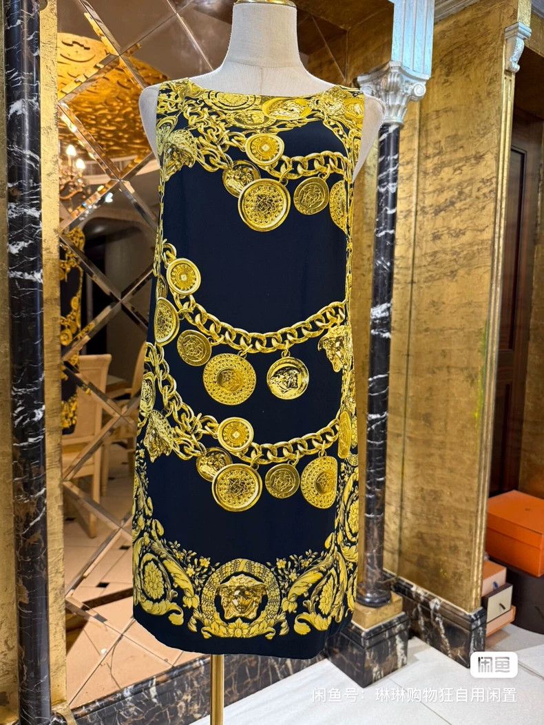 Versace Black gold chain print dress