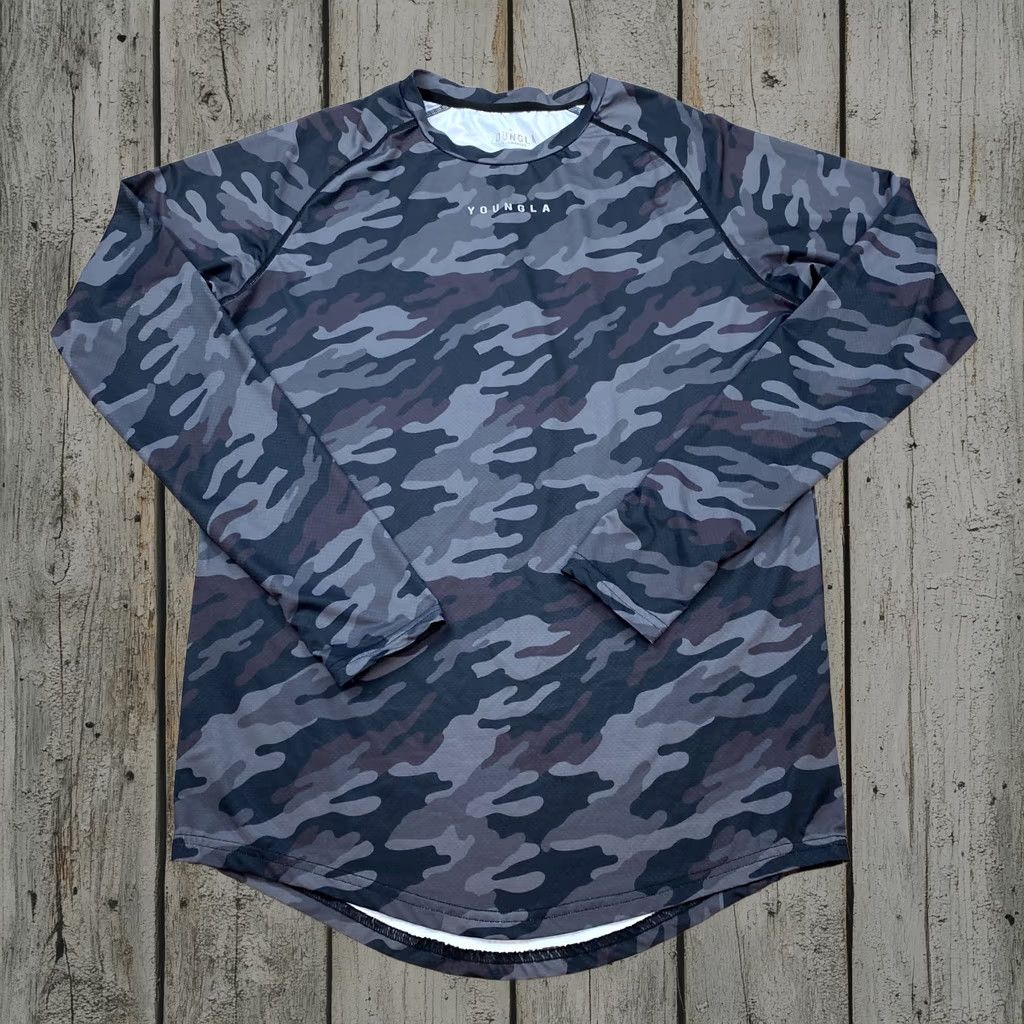 Youngla Shirt Camo Small Gray Black Performance Gym Workout Running Hiking Mens, Men's