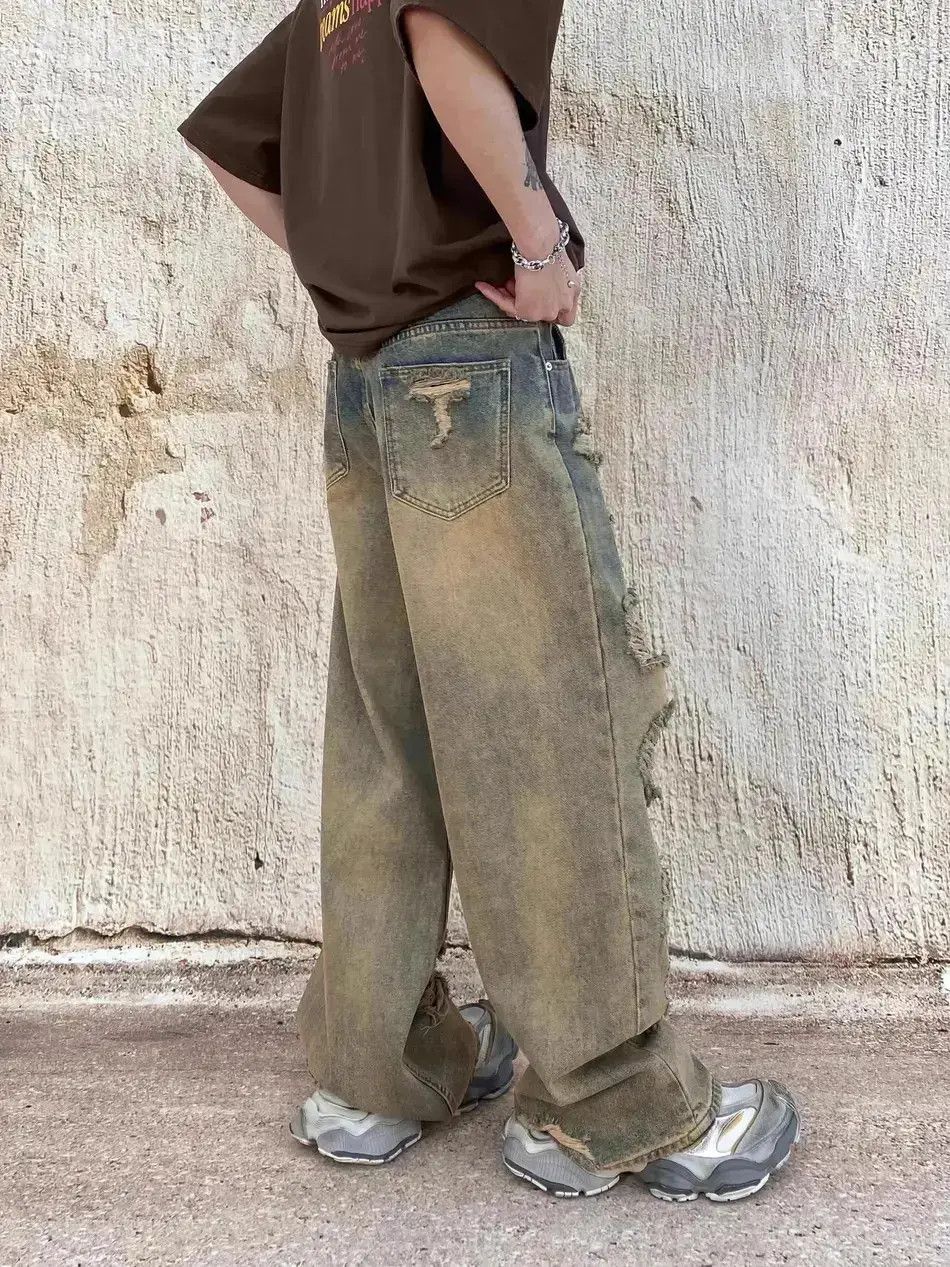 Japanese Brand Retro loose fitting wide leg distressed jeans Size US 32 / EU 48 - 5 Thumbnail