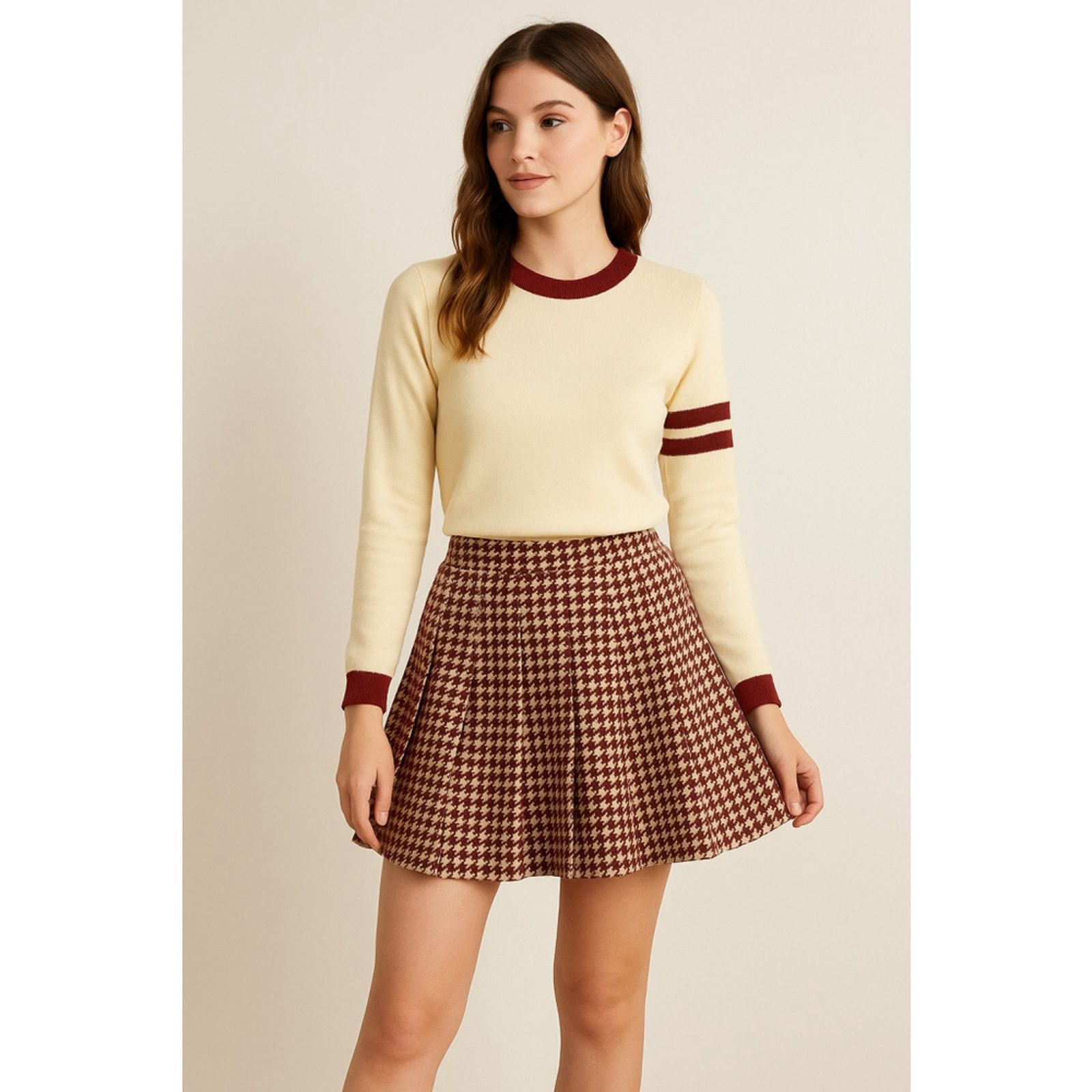 Vintage 70s Girls Outfit Cream Maroon Trim Top & Houndstooth