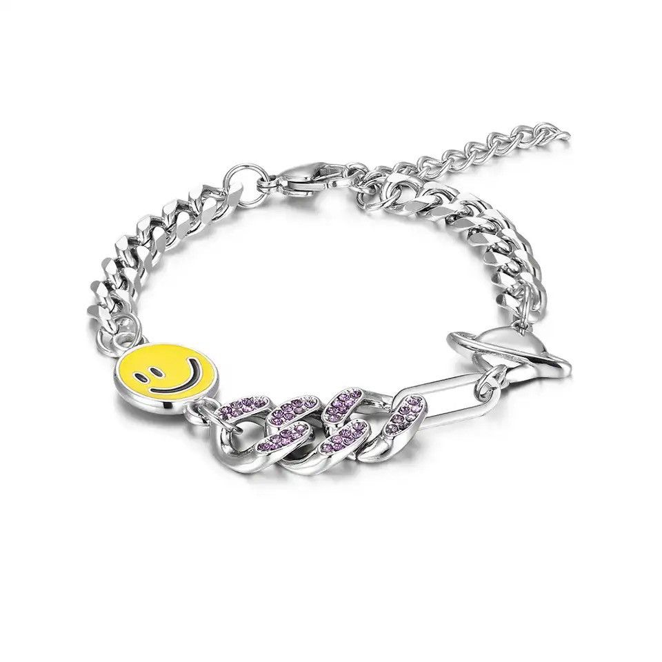 Jewelry S. Steel Smile Cuban Chain Star Round Splicing Bracelet Size ONE SIZE - 3 Thumbnail