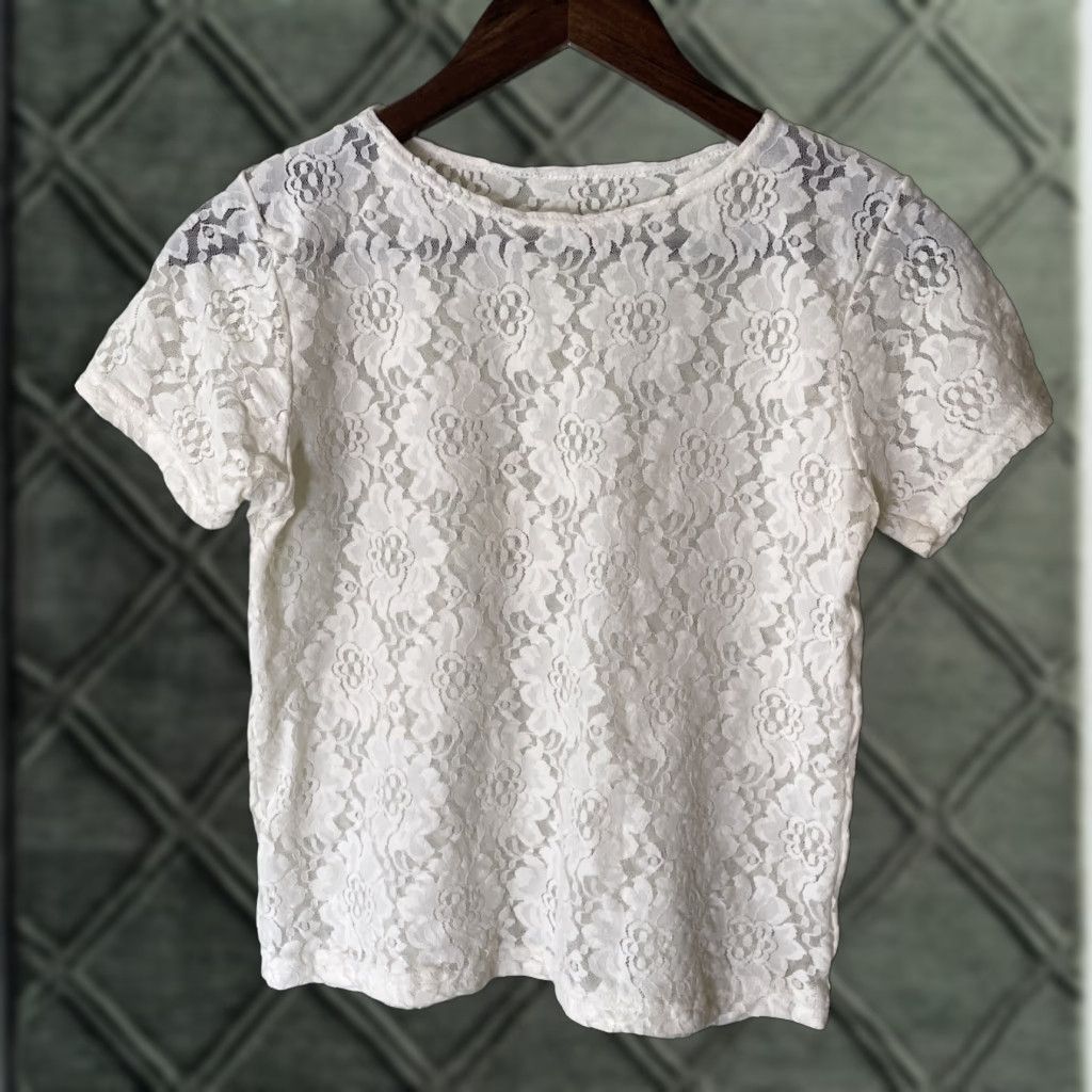 Vintage Cream Lace Short Sleeve Fitted Top, Small/Medium, Vintage, Romance, Cottagecore, Women, Blouse Size S / US 4 / IT 40 - 1 Thumbnail