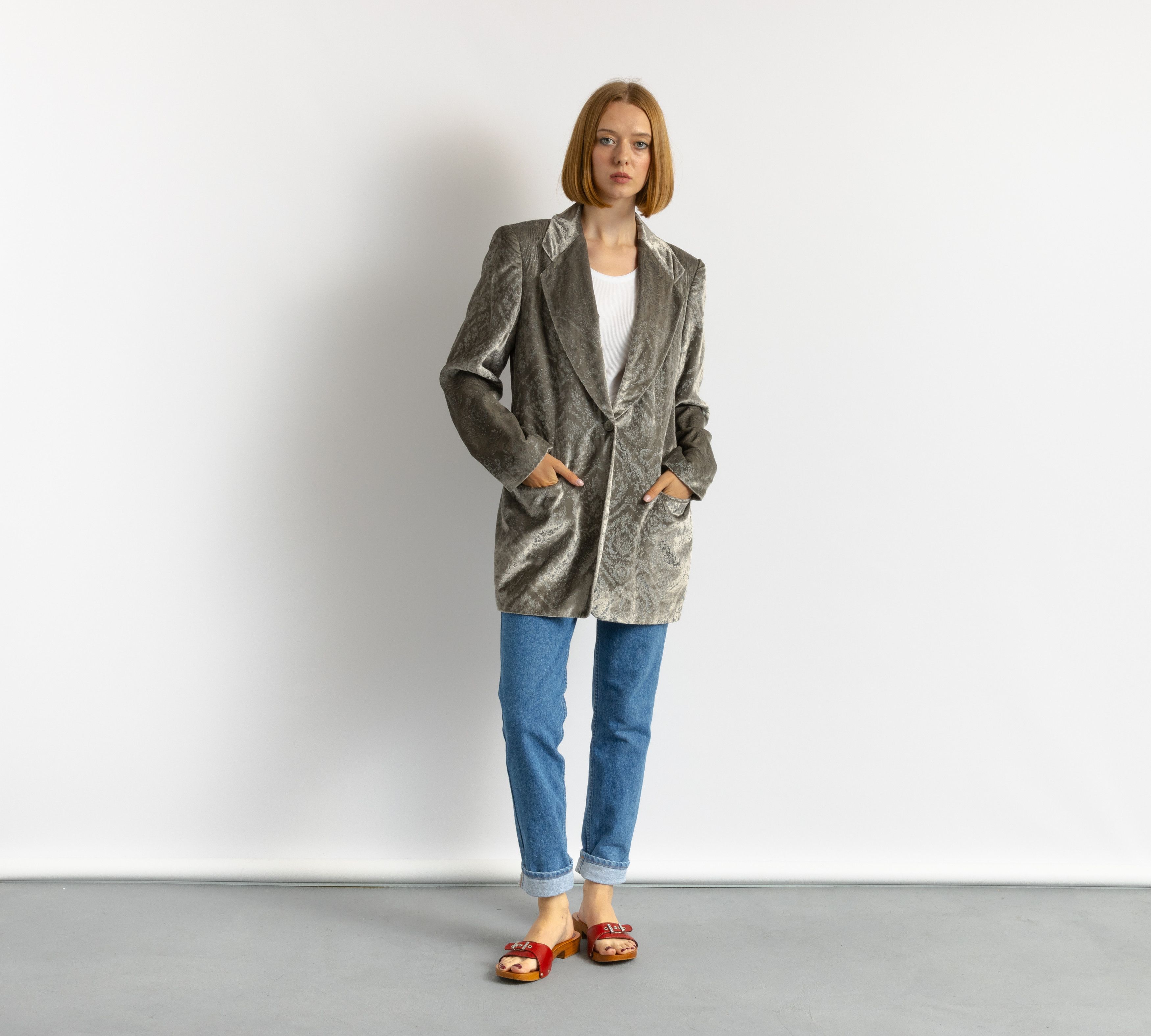 Escada LAUREL Velour Lined Silver Long Maxi Spring Blazer 7092 Size M / US 6-8 / IT 42-44 - 3 Thumbnail