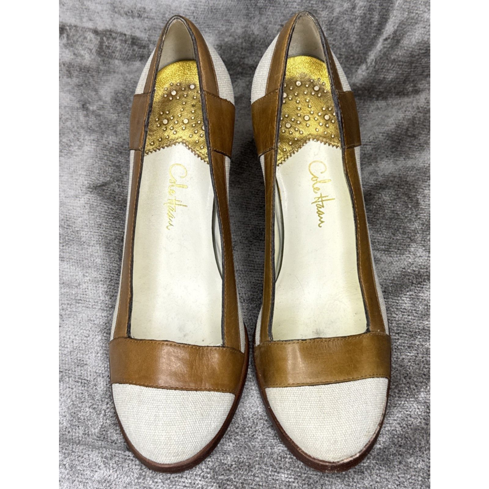 Cole Haan Cole Haan Canvas Ivory Tan Leather Block Heel Pumps 6.5B Size US 6.5 / IT 36.5 - 1 Thumbnail