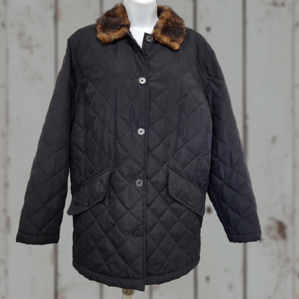 Lauren Ralph Lauren Coat Women's Large Black Quilted Faux Fur Collar Overcoat
