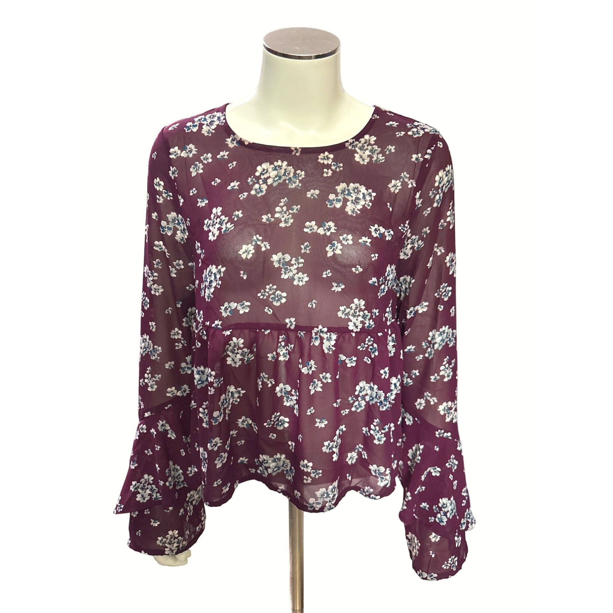 Aeropostale Aeropostale Sheer Floral Chiffon Blouse Size Small Burgundy Size S / US 4 / IT 40 - 1 Thumbnail