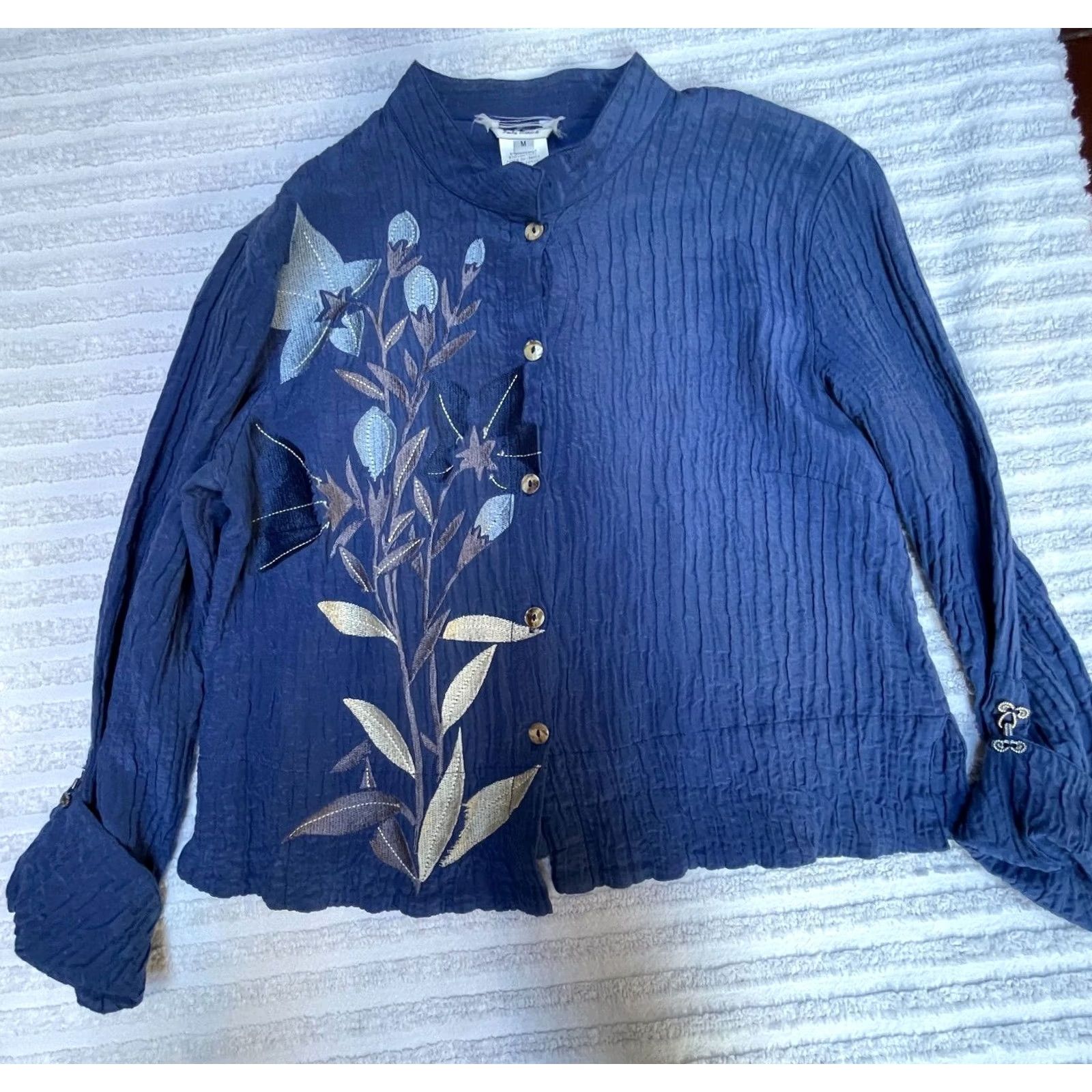Nique Citron Santa Monica Womens Unique Buttons Long Sleeve Crinkle Top Blue Medium Size M / US 6-8 / IT 42-44 - 2 Thumbnail