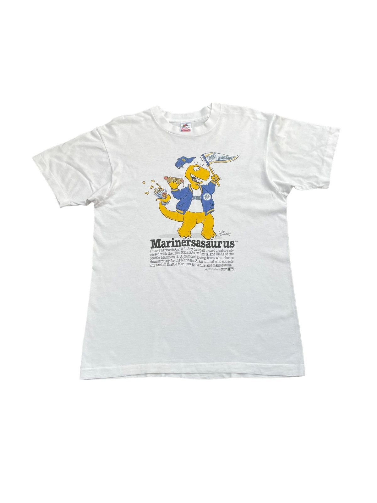 image of Fruit Of The Loom x Mlb Vintage 1989 Seattle Mariners Marinersasaurus Tshirt in White (Size Medium)
