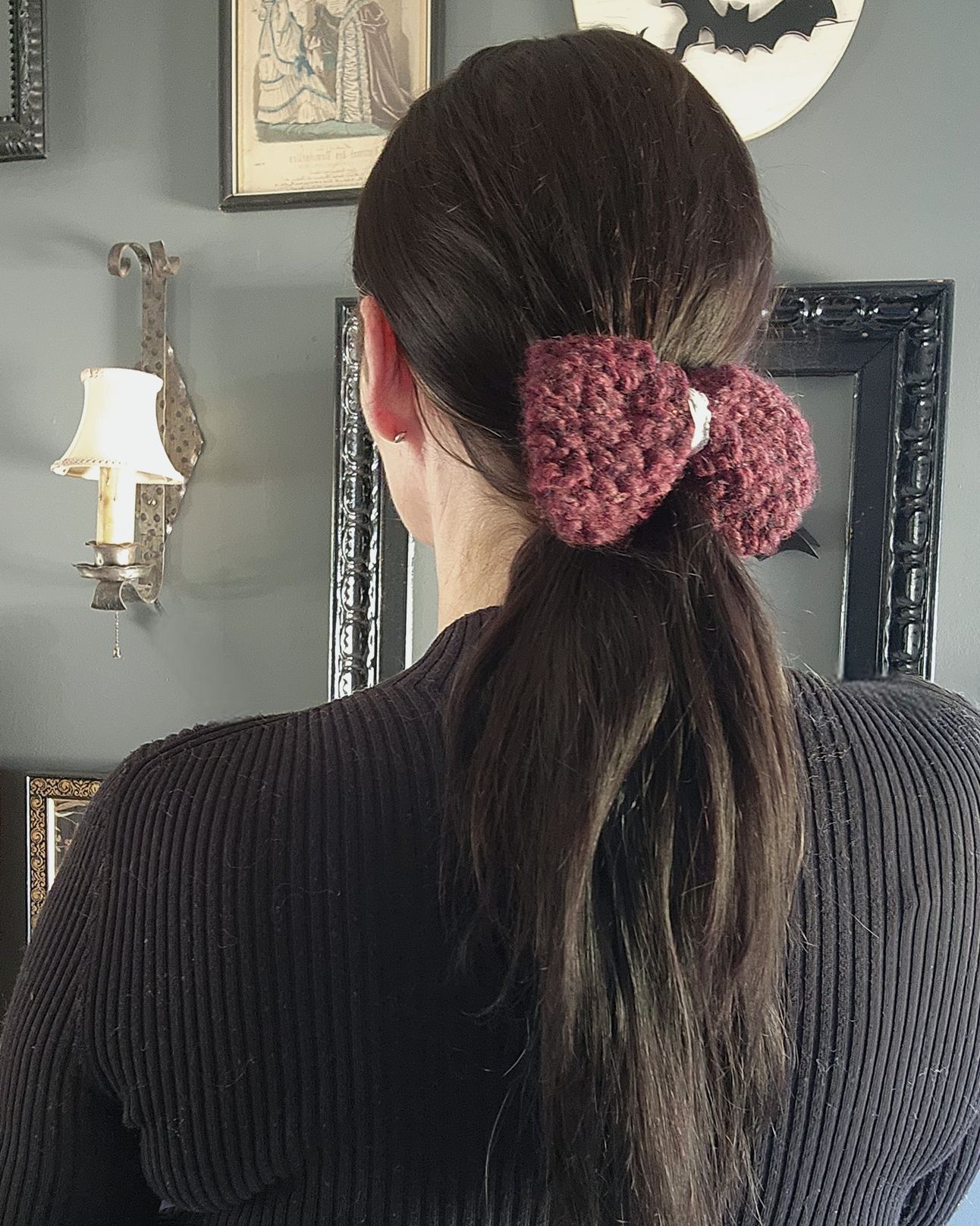 Handmade Knit Hair Bow, Handknitted Burgundy Ponytail Holder or Hair Size ONE SIZE - 5 Thumbnail