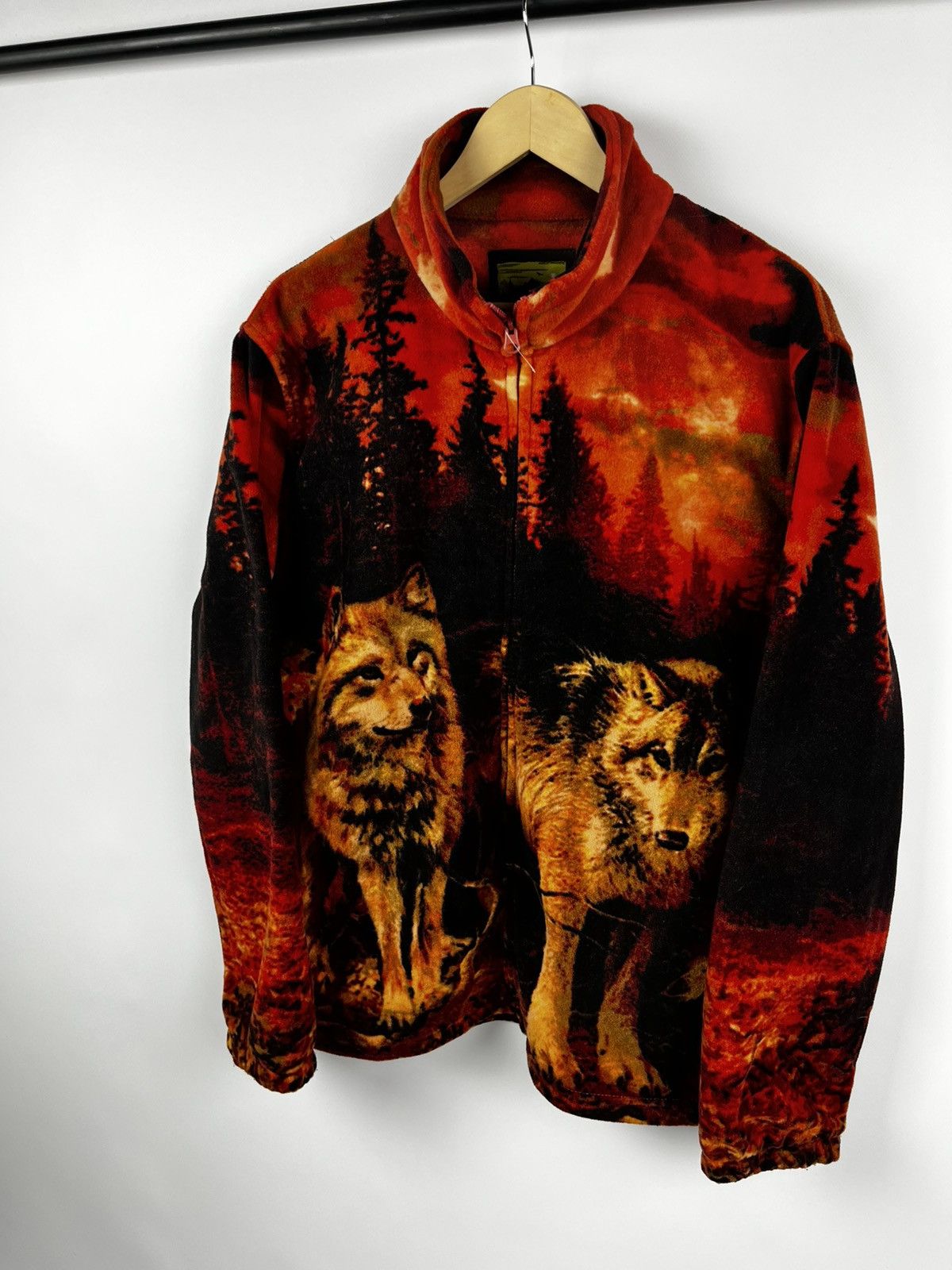 Vintage Atlas Zip Fleece Jacket With Wildlife Wolfs Nature Print Size US XL / EU 56 / 4 - 3 Thumbnail