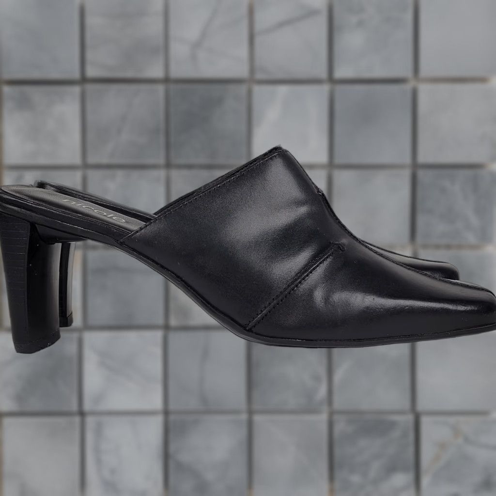 VINTAGE Nicole Black Leather Heeled Mules Size 8M 90s Y2K Minimalist Square Toe Slip On Womens Mule Shoes High Heel Square Toe Black Leather 90s Retro