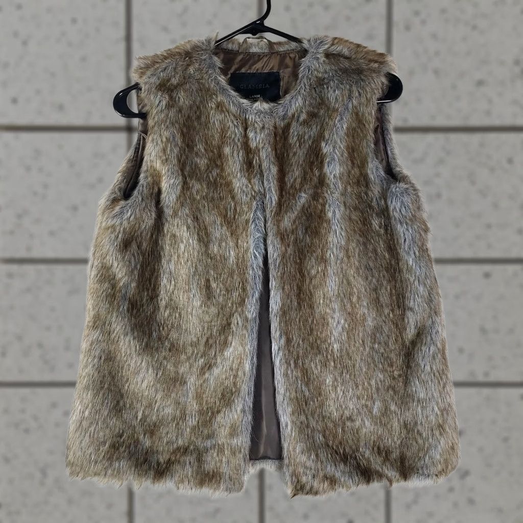 Vintage GlamSia Vest Women’s Large Brown Gray Faux Fur Lined Open Front Knit Sleeveless Regular Fit Winter Fall Spring Size L / US 10 / IT 46 - 1 Thumbnail