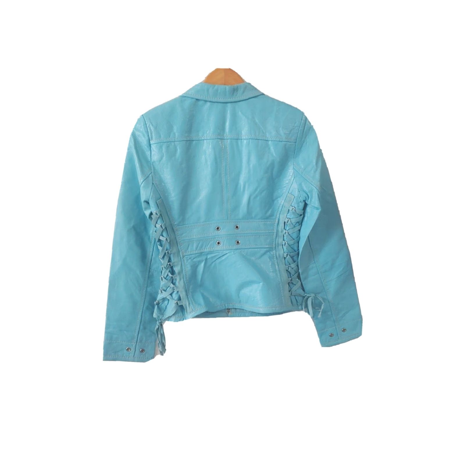 Vintage Abandon Jacket Womens S Blue 100% Italian Leather Zipup Pockets Lined Side Lace Size S / US 4 / IT 40 - 2 Thumbnail