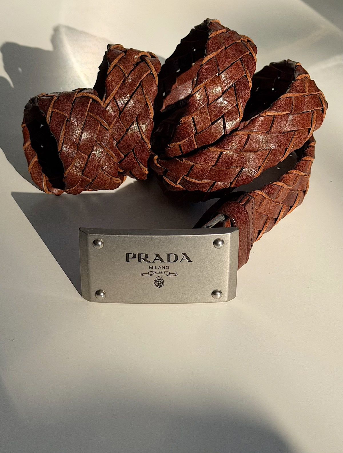 PRADA Logo Buckle Woven Leather Belt runway Brown Square