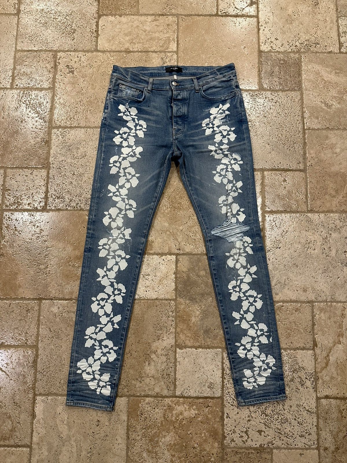 image of Amiri Hibiscus Stencil Flowers Blue Distressed Denim Jeans, Men's (Size 36)