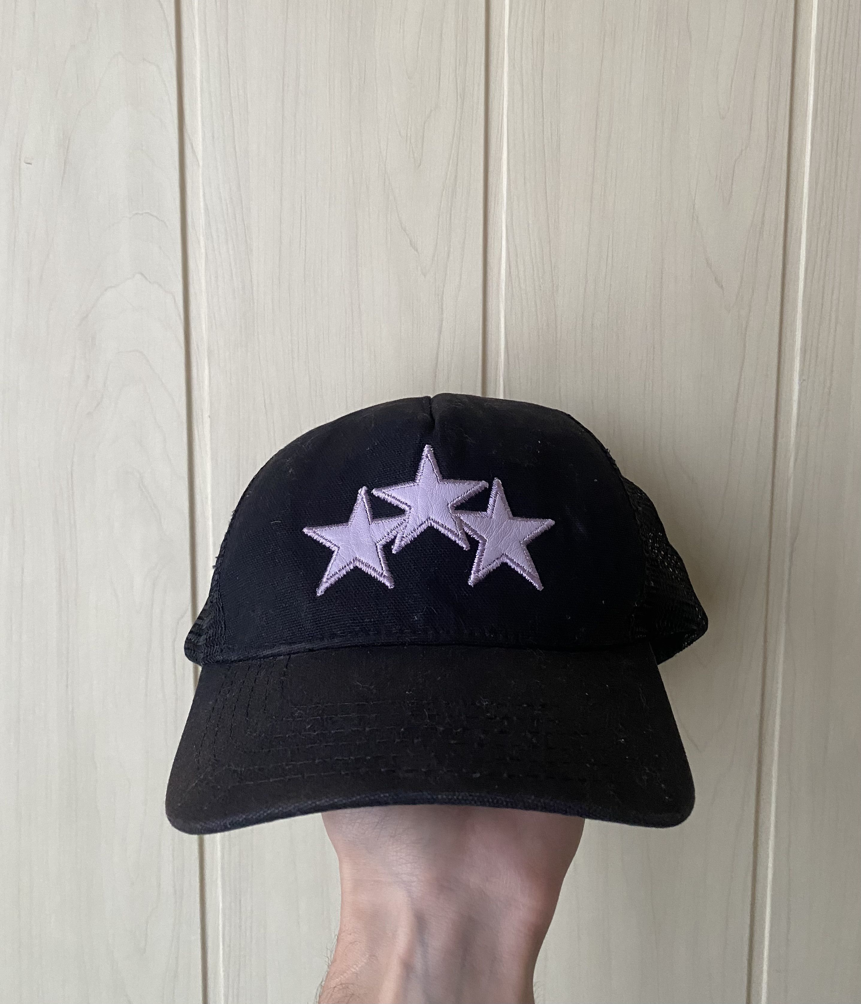image of Amiri Pink Three Star Trucker Cap in Black/Pink, Men's