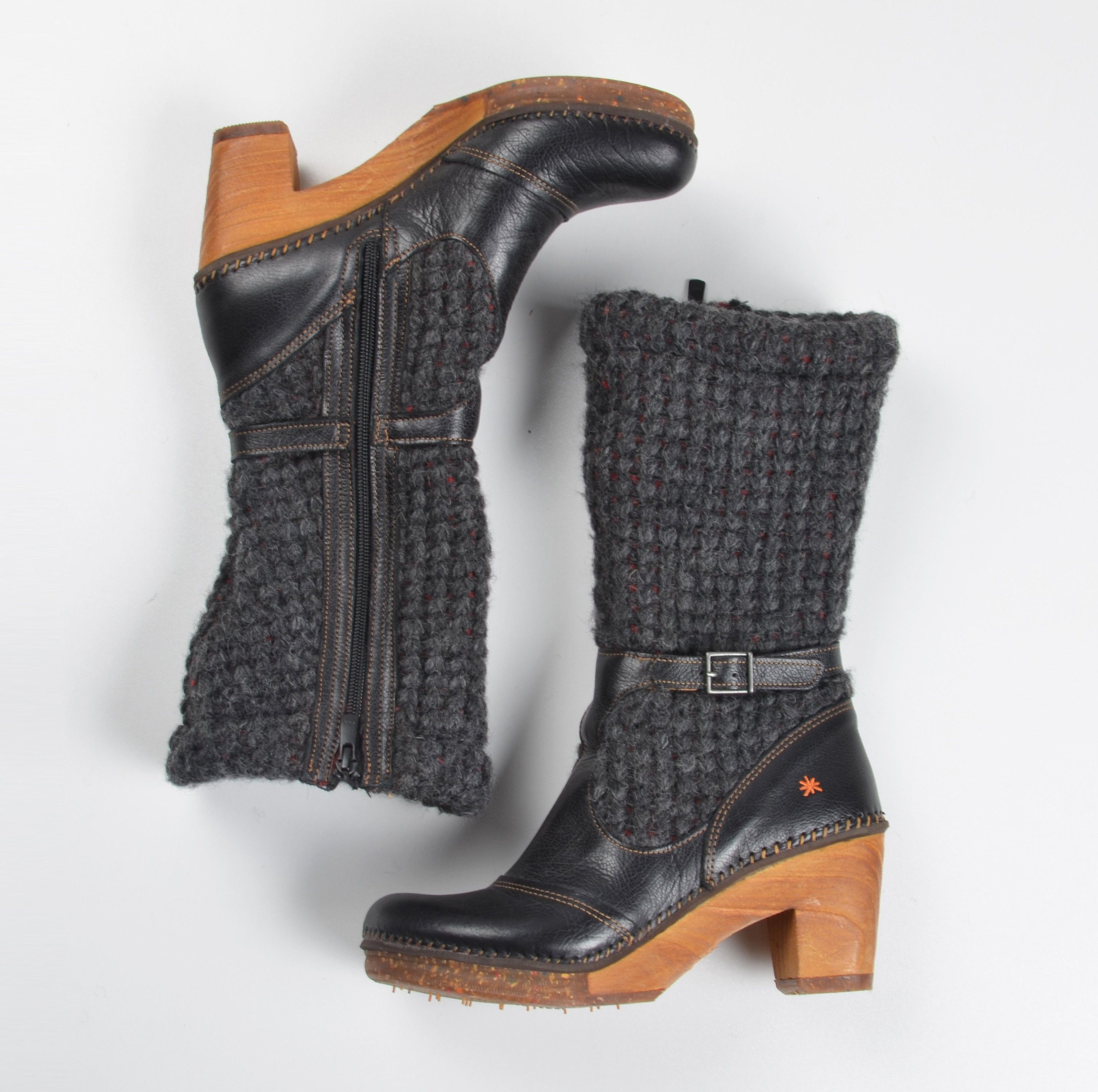 Other The Art Company Y2K Knit Leather Clog Wooden Heel Boots Size US 9 / IT 39 - 2 Thumbnail
