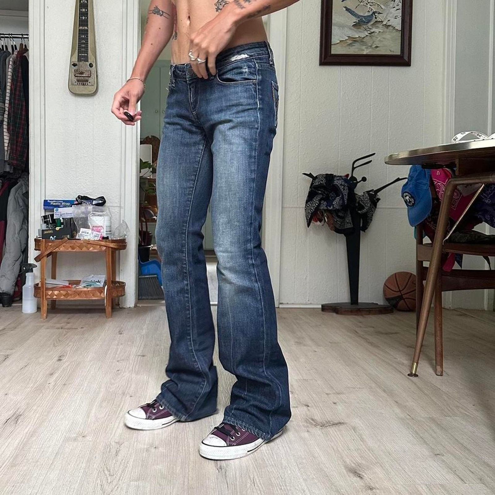 Paige Vintage 00s Paige Low Rise Dark Blue Denim Flare Jeans Pants Size 27" / US 4 / IT 40 - 2 Thumbnail