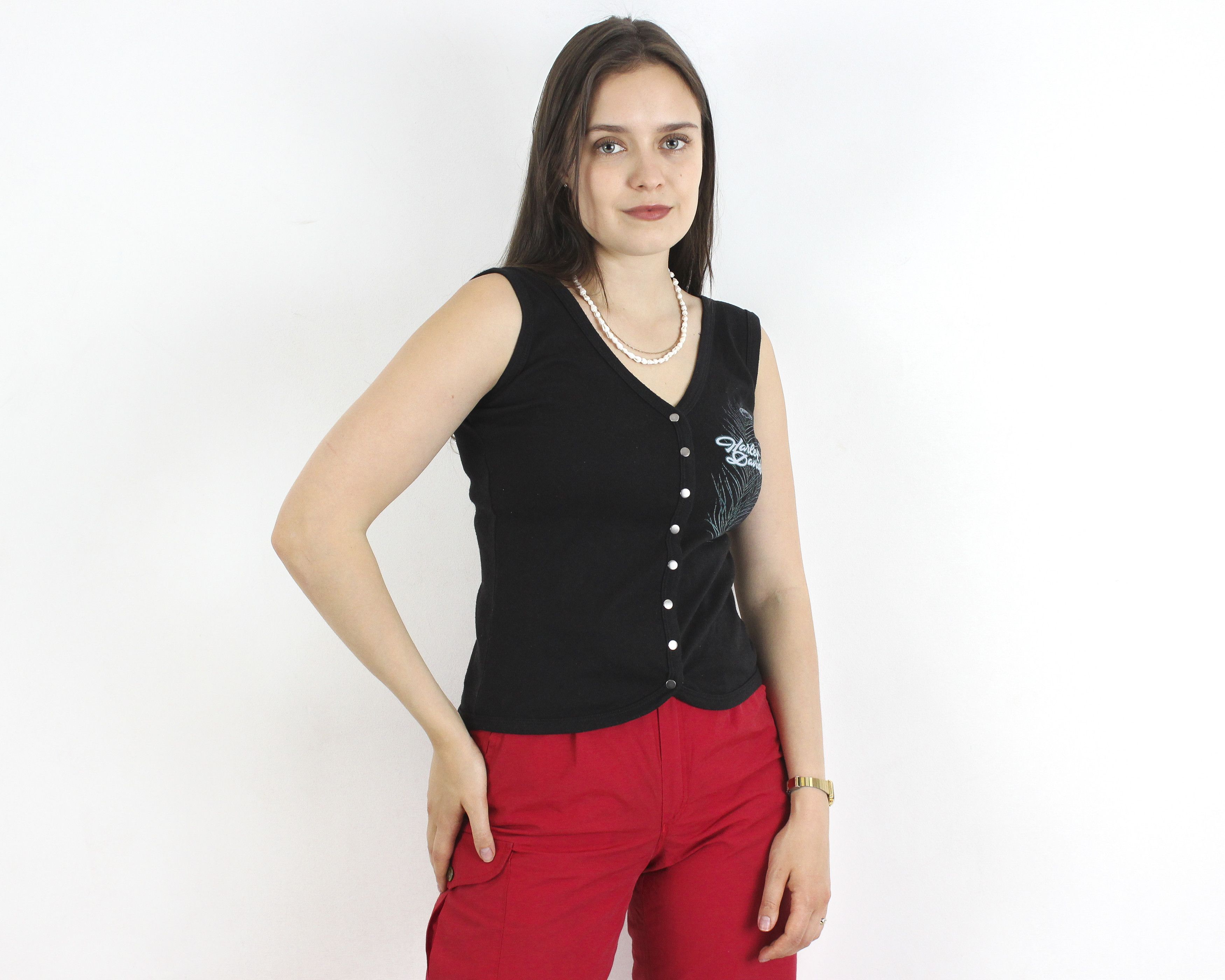 Harley Davidson × Vintage Graphic Print T-Shirt Snap Up Blouse Sleeveless Cotton Tank Size M / US 6-8 / IT 42-44 - 2 Thumbnail