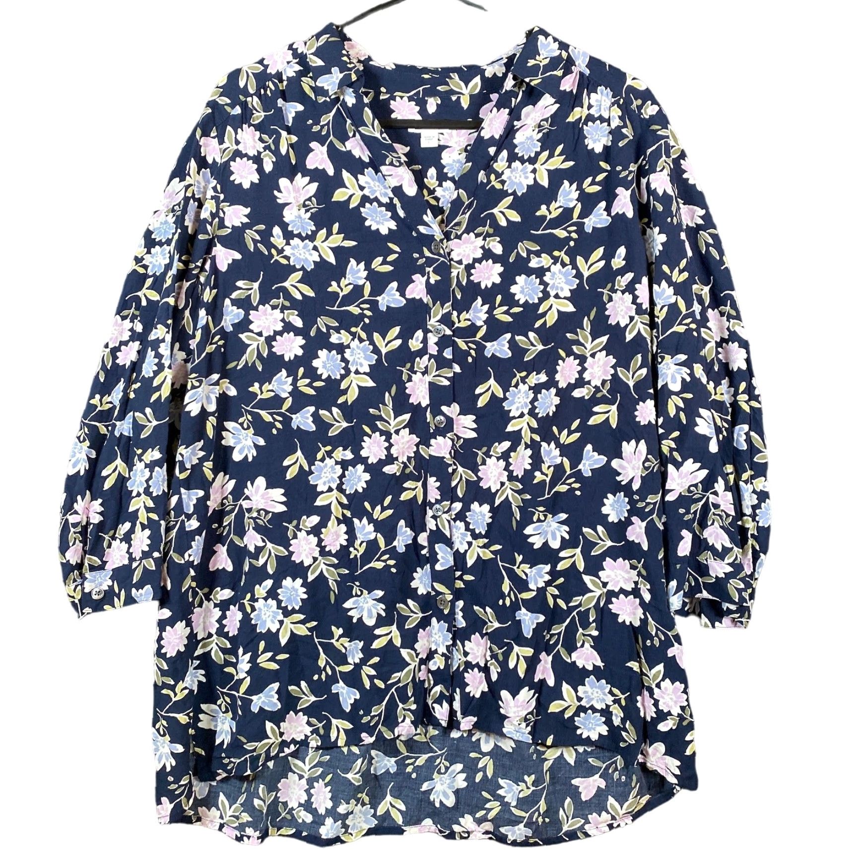 J. Jill Womens J.Jill Blouse Blue Multi Floral Button Down Long Sleeve Rayon Large L Regular Tie Die? Size L / US 10 / IT 46 - 2 Thumbnail