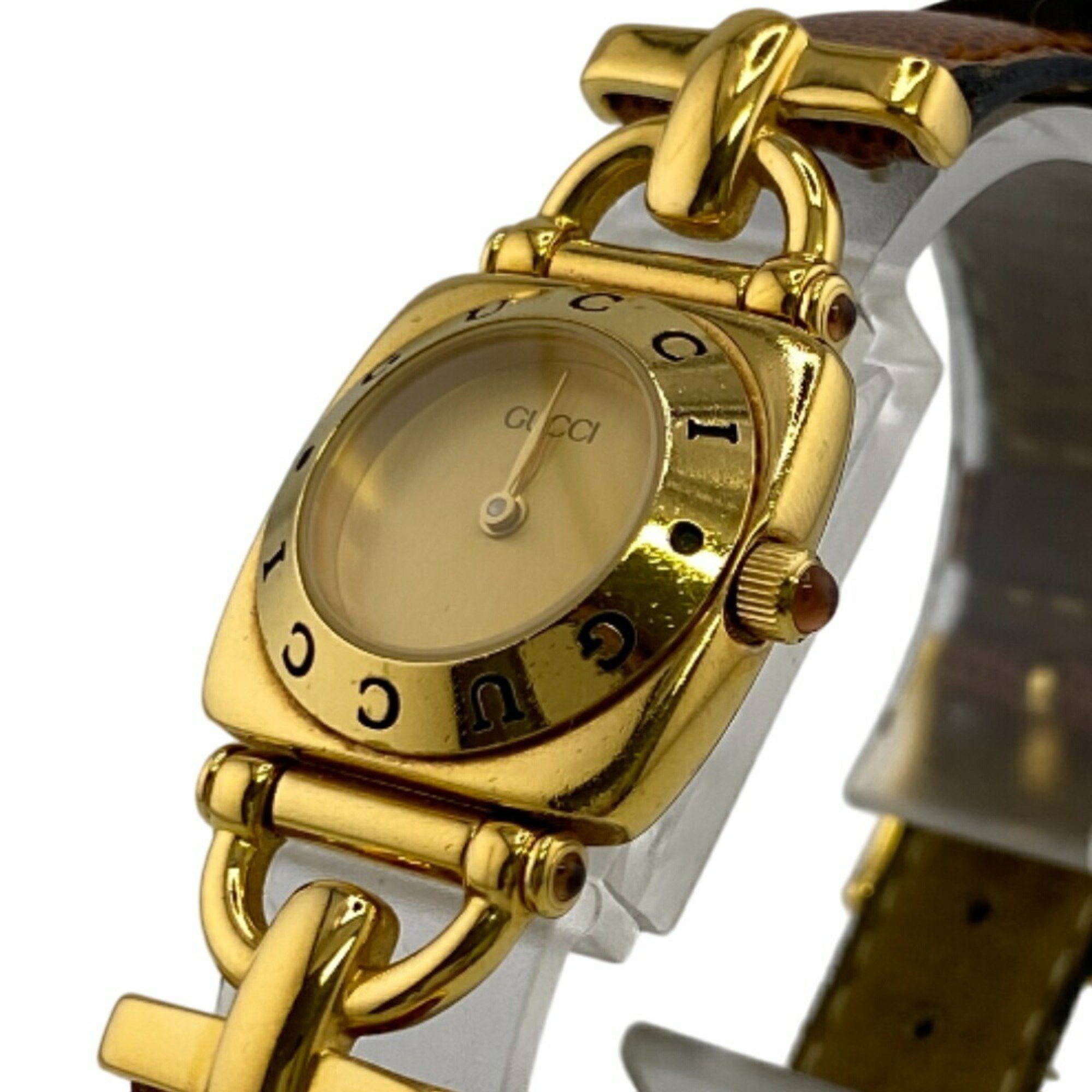 Gucci 6300L Square GG Leather Belt 2 Hands Watch Analog Digital Gold Women's