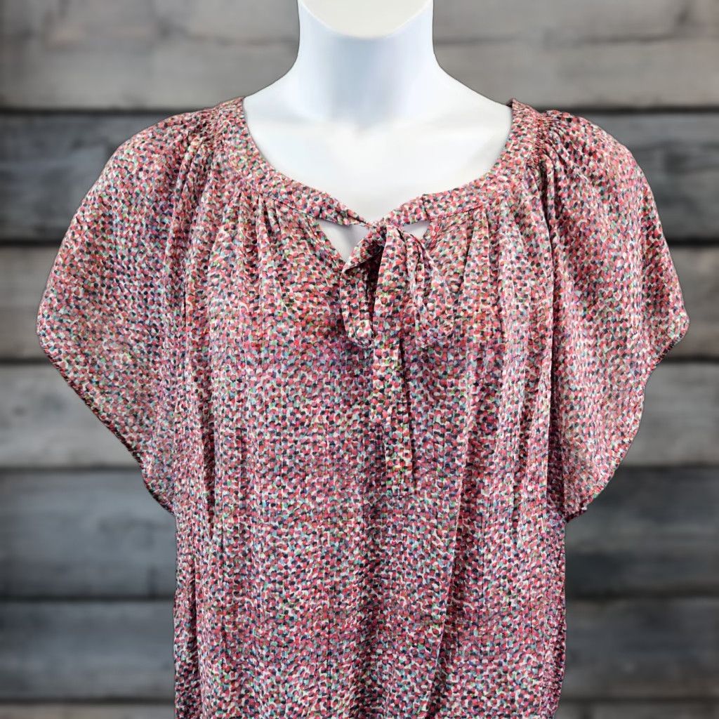 Vintage VINTAGE Zac & Rachel Womens Top 1X Pink Green Short Sleeve Rayon Blend Tie Neck Shirt Womens Size XL / US 12-14 / IT 48-50 - 1 Thumbnail