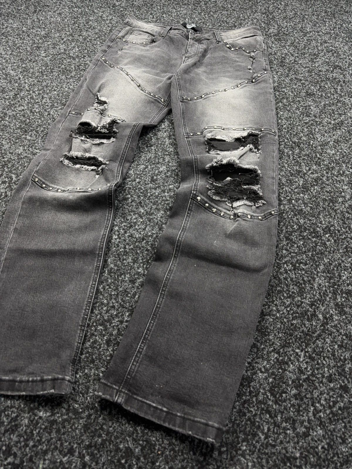 Le Grande Bleu (L.G.B.) Opium 00s Punk Rock Rebel Distressed Studded Biker Jeans Size US 31 - 3 Thumbnail
