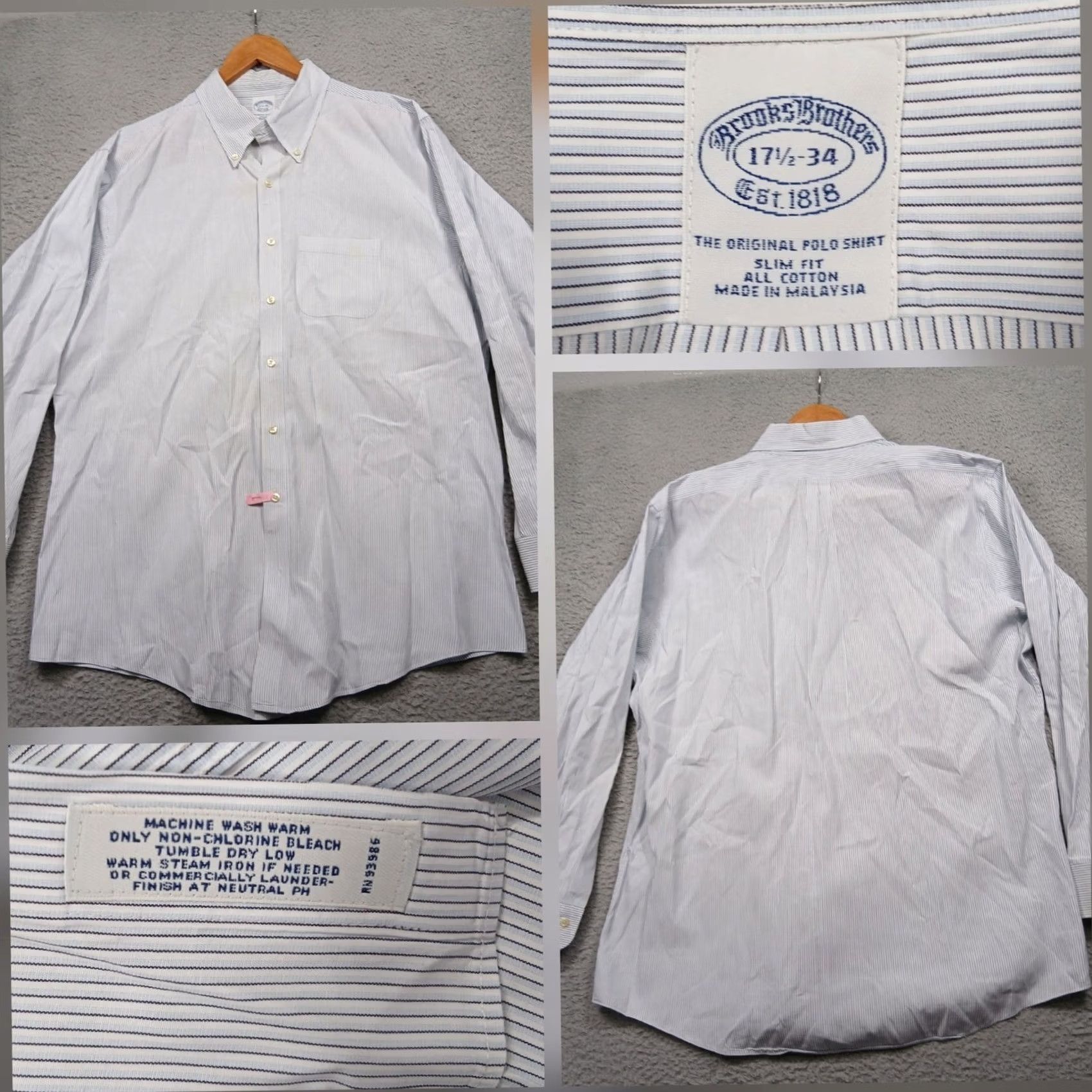 Brooks Brothers Brooks Brothers 1818 Slim Fit Shirt Men's 17.5-34 Blue Stripe Cotton Button Down Dress Shirt Pinstripe Long Sleeve, 100% Cotton, Classic, Mens Size US XL / EU 56 / 4 - 2 Thumbnail