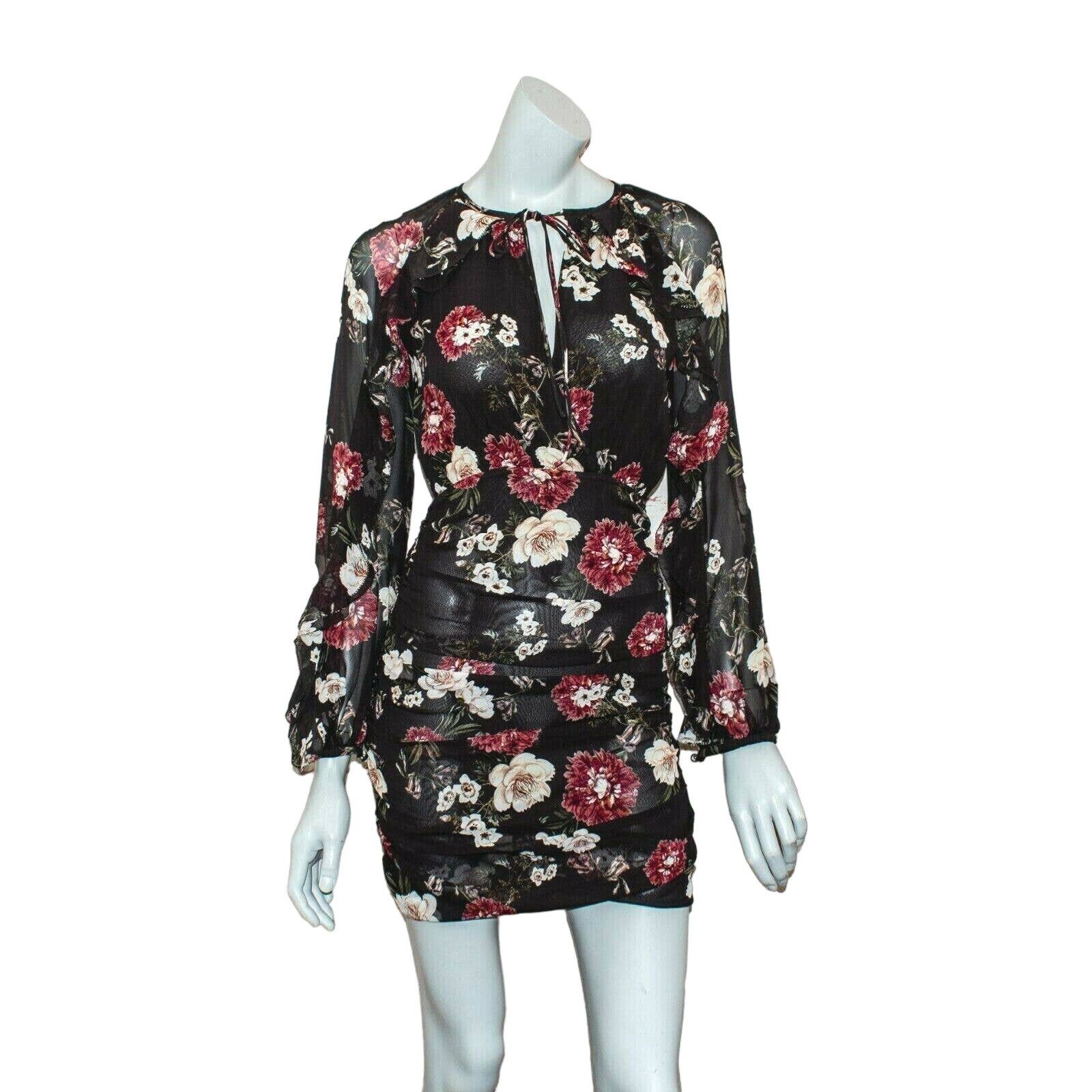 NICHOLAS NICHOLAS Black Burgundy Floral Cascade Ruched Mini Dress Size XS / US 0-2 / IT 36-38 - 3 Thumbnail