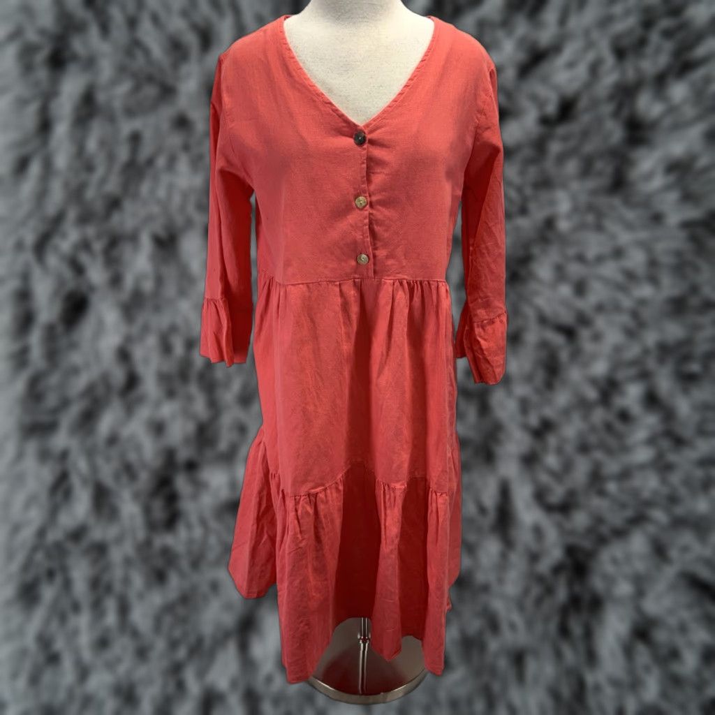Cristina Vergani Linen Blend Dress Women\'s M Coral Midi Tiered Italy  Lagenlook - ilac.rochib.com