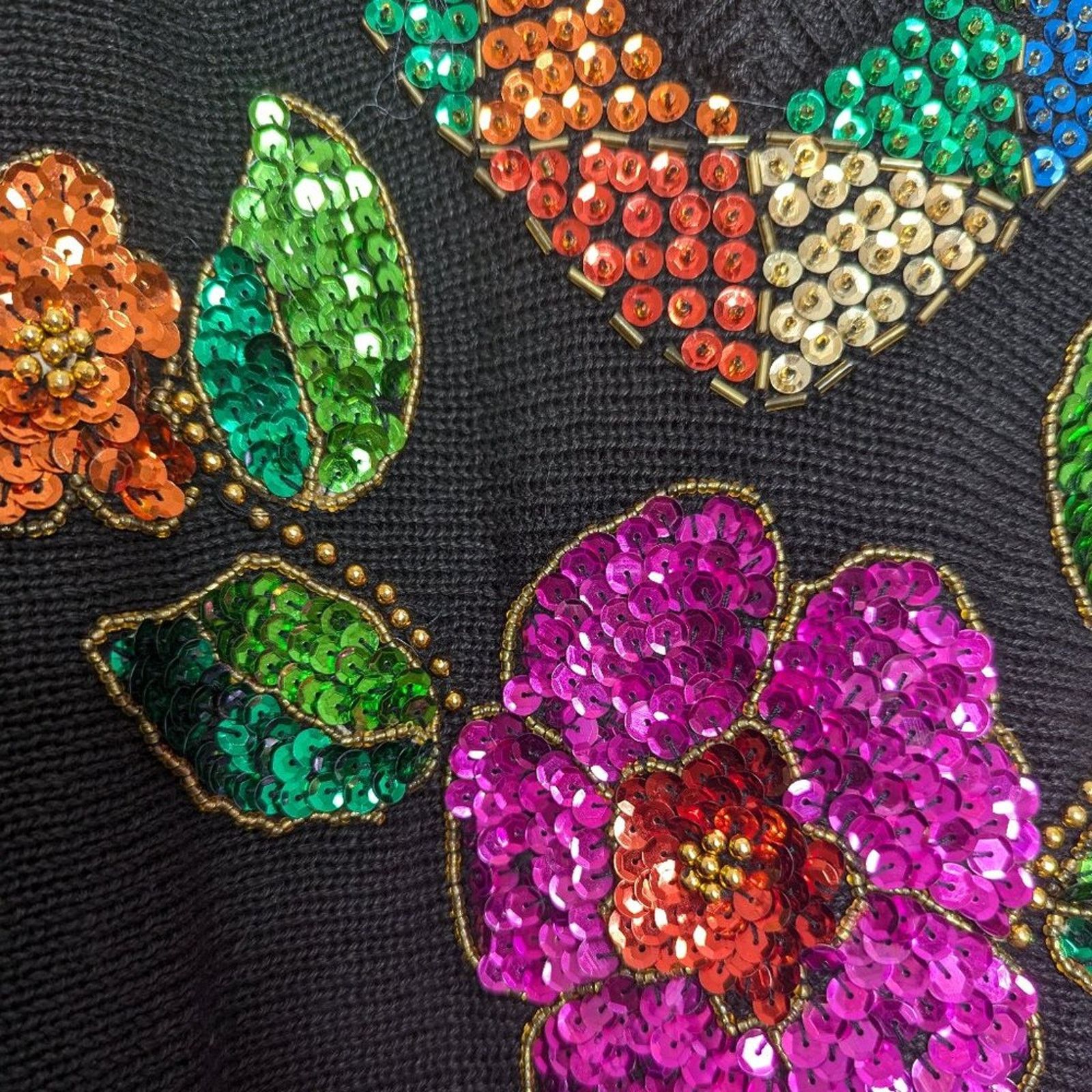 Vintage Diana Marco Vintage Black 80's Floral Sequin Sweater V-Neck Size XXL / US 16-18 / IT 52-54 - 4 Thumbnail