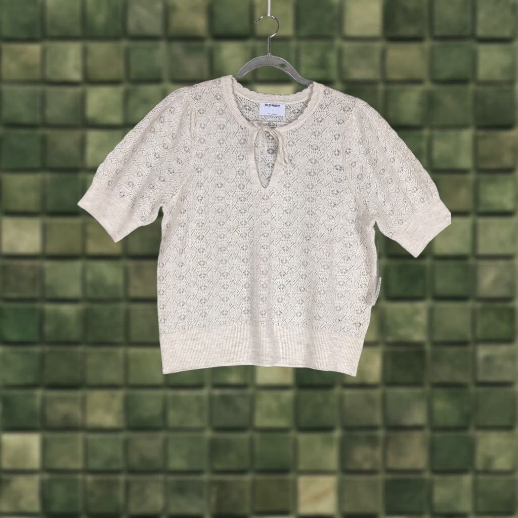 Old Navy Old Navy Women Sweater L Ivory Puff Sleeve Knit Open-Knit Tie Casual Pullover Fashion Feminine Coquette Size L / US 10 / IT 46 - 1 Thumbnail
