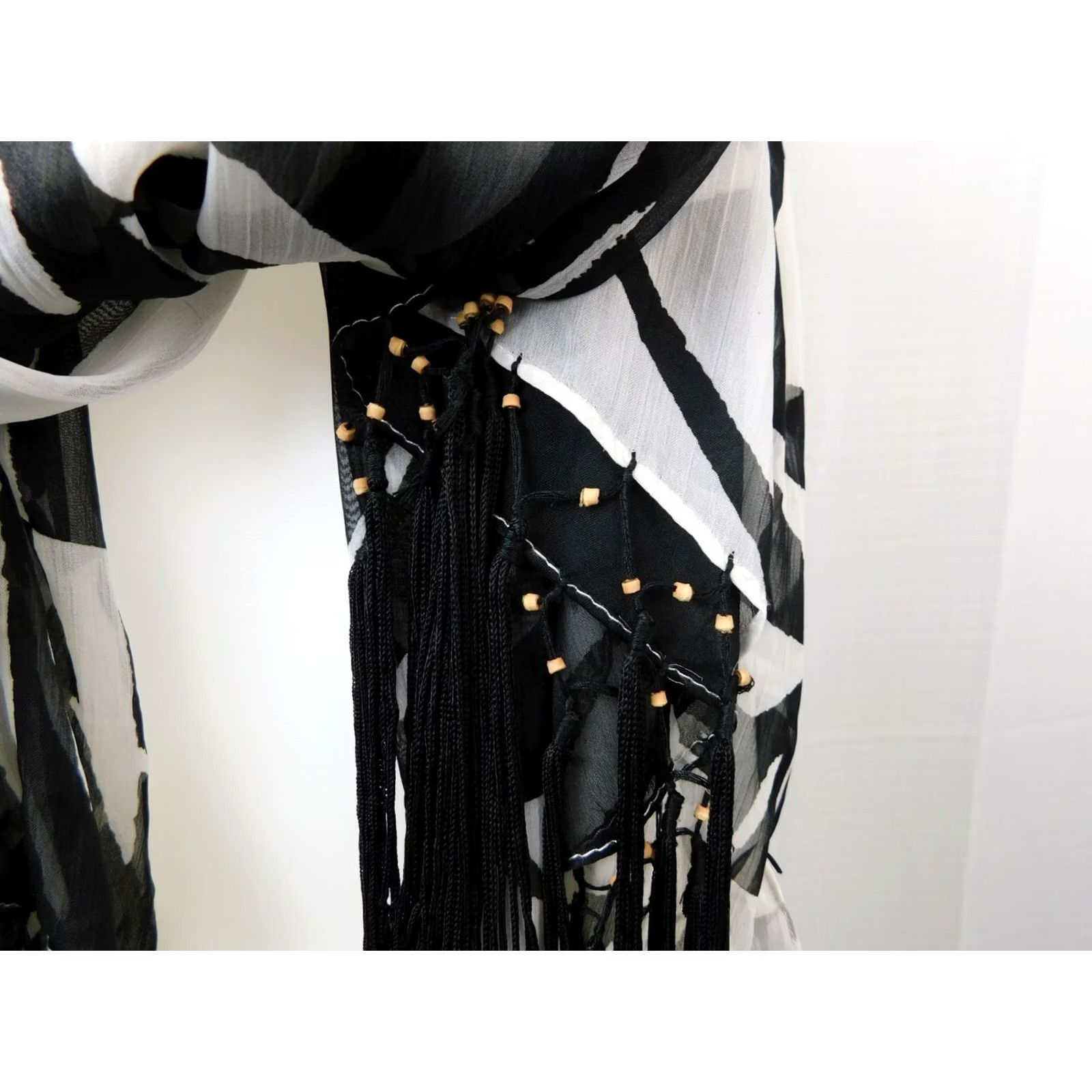 Vintage INC Scarf Multi-Wrap Swim-Cover Beaded Tassel Printed Black-White Women Size ONE SIZE - 3 Thumbnail