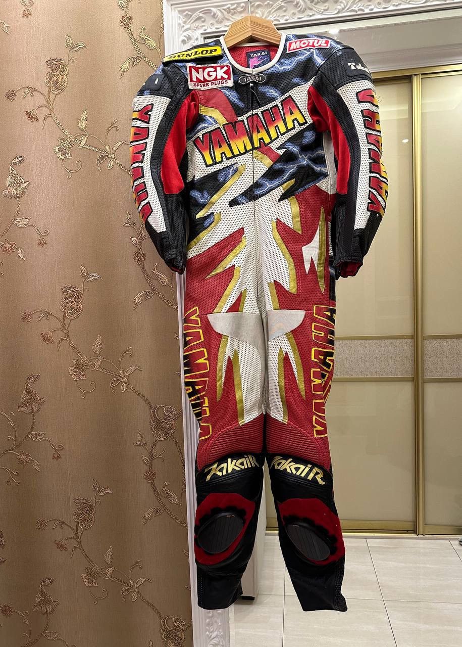 image of Vintage x Yamaha Yasutomo Nagai Yamaha Motors Takai R Motorcycle Leather Suit in Red (Size Medium)
