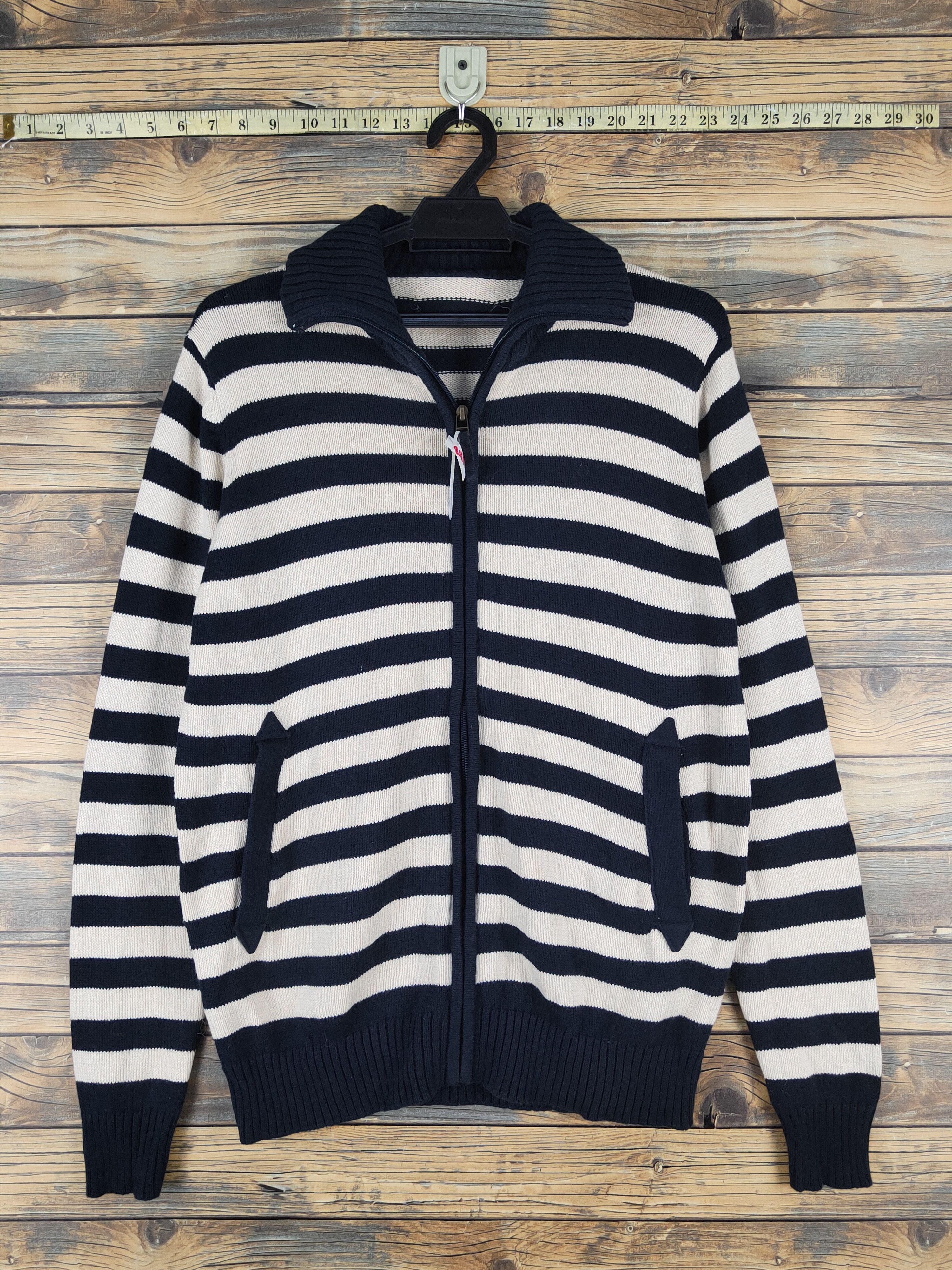 Homespun Knitwear × Japanese Brand × Vintage Inditex Navy Cream Stripe Knitwear Sweaters #W1358 Size US M / EU 48-50 / 2 - 1 Thumbnail