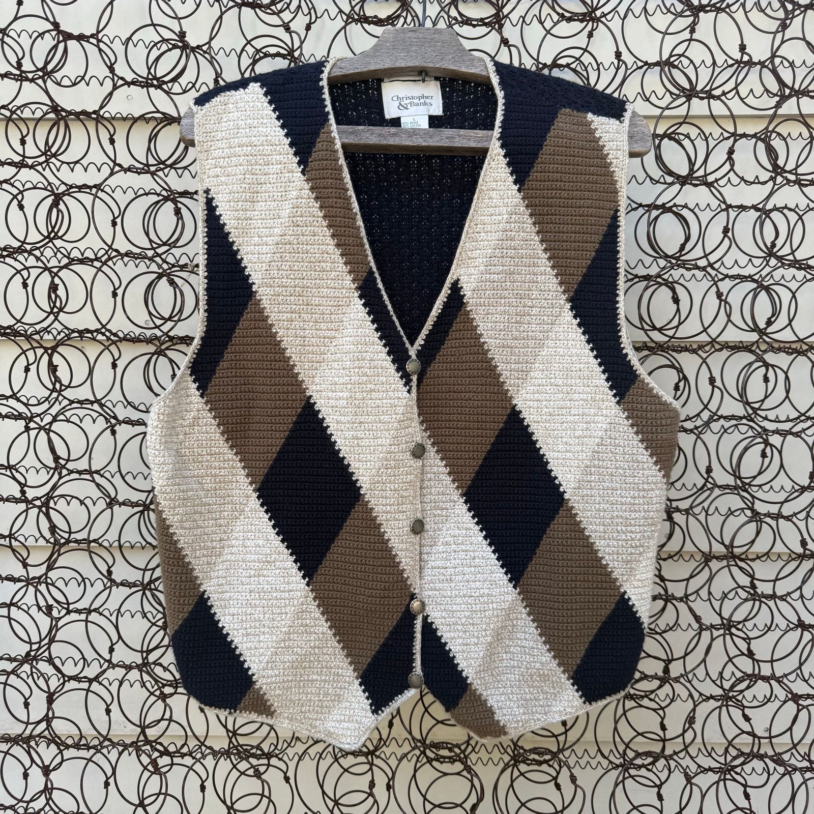 Vintage Grandpacore Neutral Boho Argyle Knit Sweater Vest LG Size L / US 10 / IT 46 - 1 Thumbnail