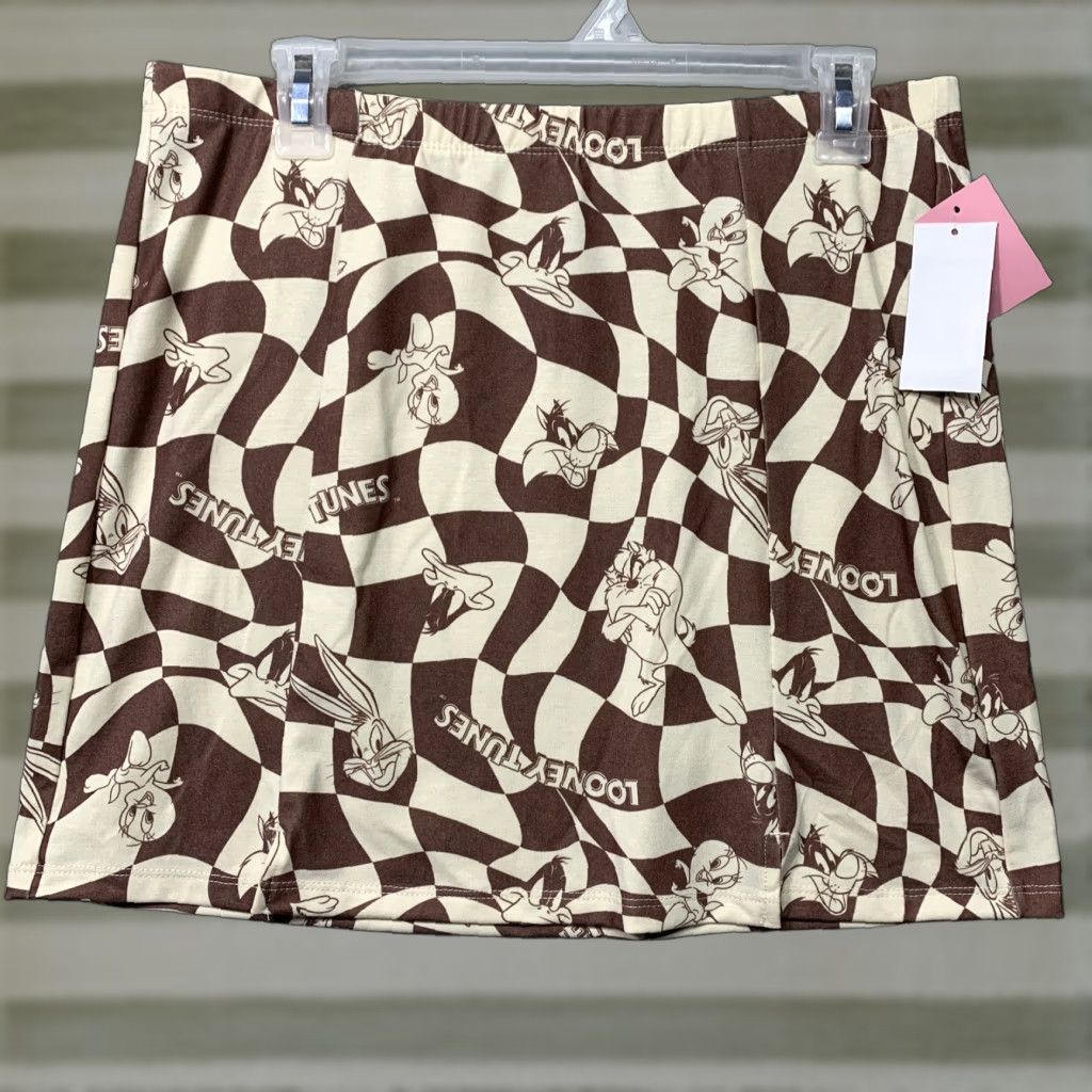 Vintage Looney Tunes Skirt Women’s L Brown & Cream Mini Elastic Waist Daffy Bugs Bunny Tweety Sylvester Taz NWT Shirt? Size 36" / US 14 / IT 50 - 1 Thumbnail